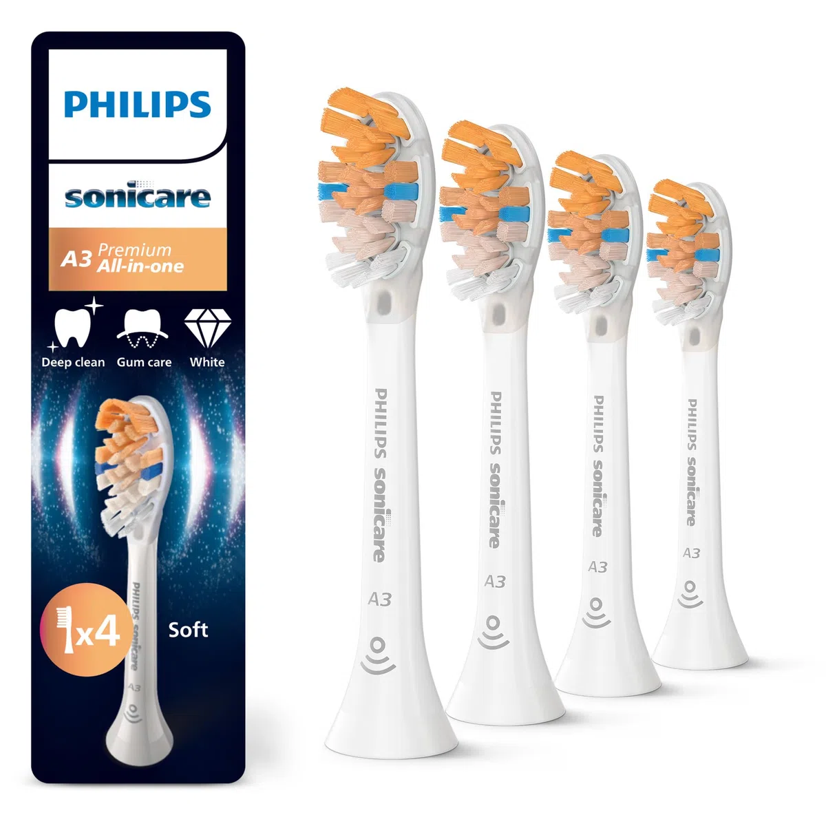 Philips Sonicare A3 Premium têtes de brosse à dents de rechange d'origine, blanc, lot de 4, HX9094/87