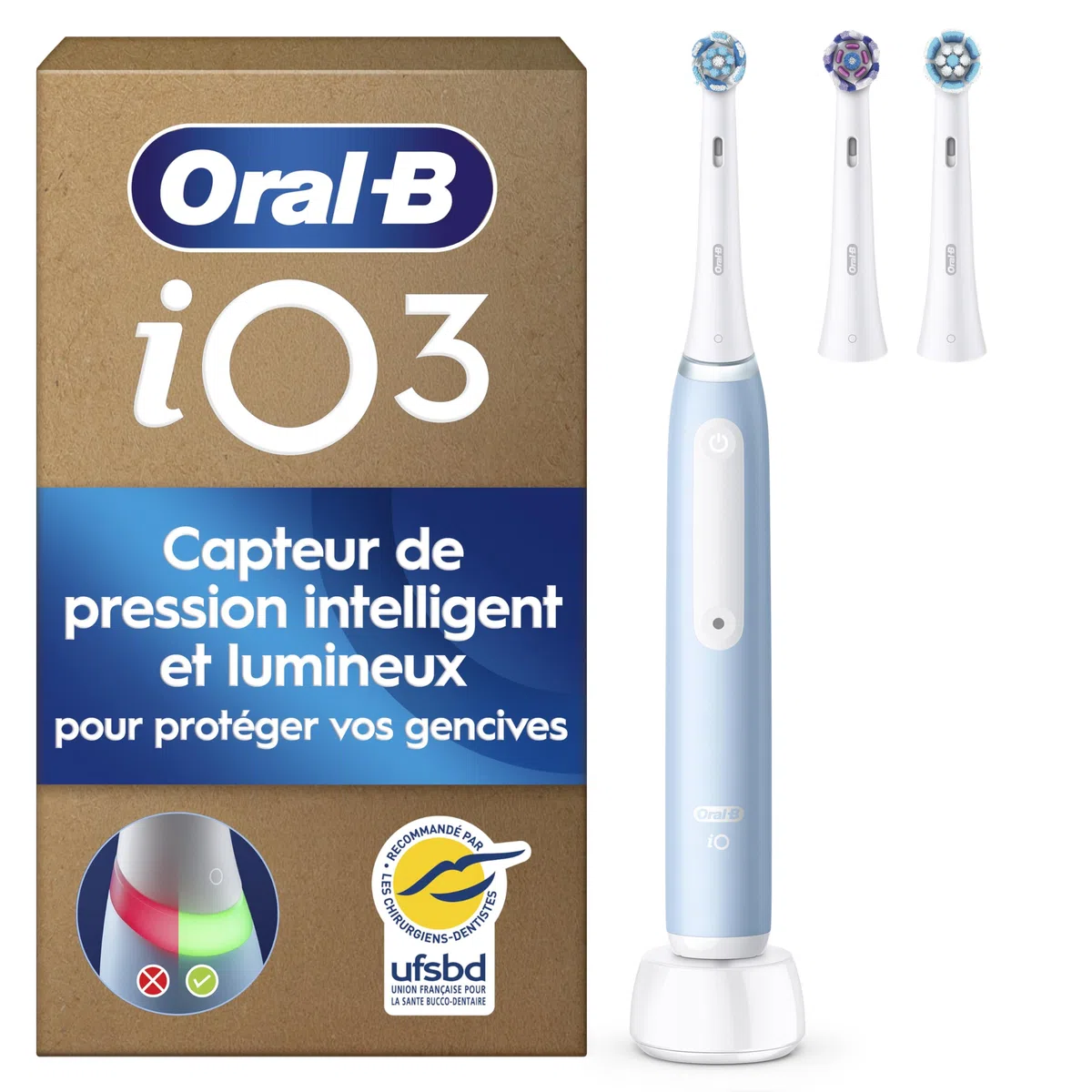 Oral-B Brosse à Dents Électrique iO 3 Bleue – 3 Brossettes, 3 Modes Douceur Blancheur, Capteur de Pression, Batterie Rechargeable