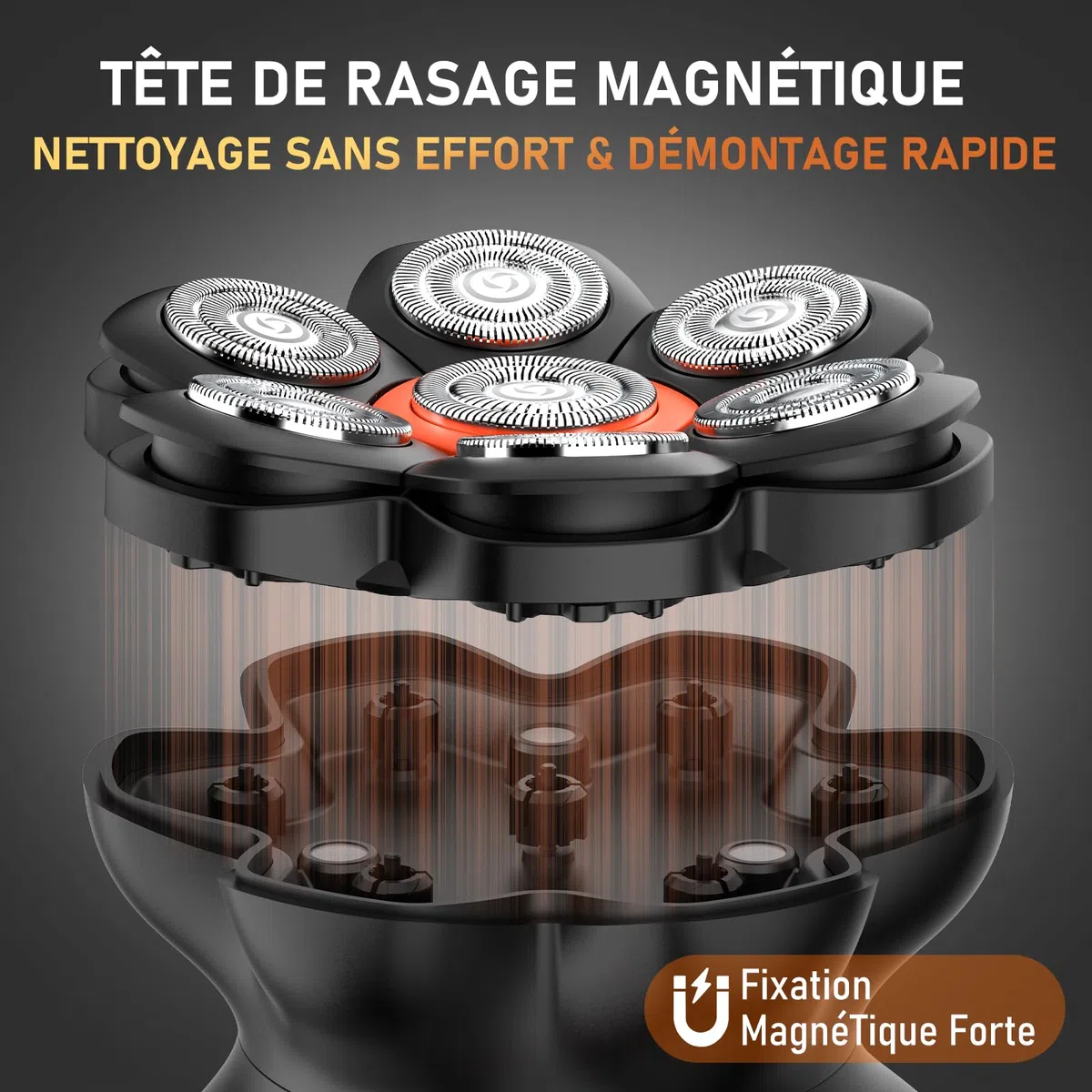 MAXGROOM Rasoir Tête Chauve Homme Électrique Crâne Têtes Flottantes 7D Étanche IPX6 Nettoyage Magnétique 2 Vitesses Noir