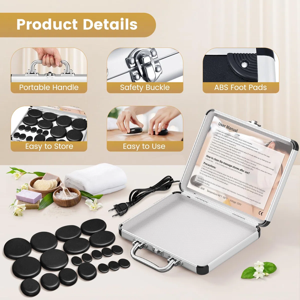Ensemble de massage aux pierres chaudes, ensemble de massage en basalte avec boîte de chauffage portable, poêle à pierres chaudes à domicile, massothérapie, spa (20)