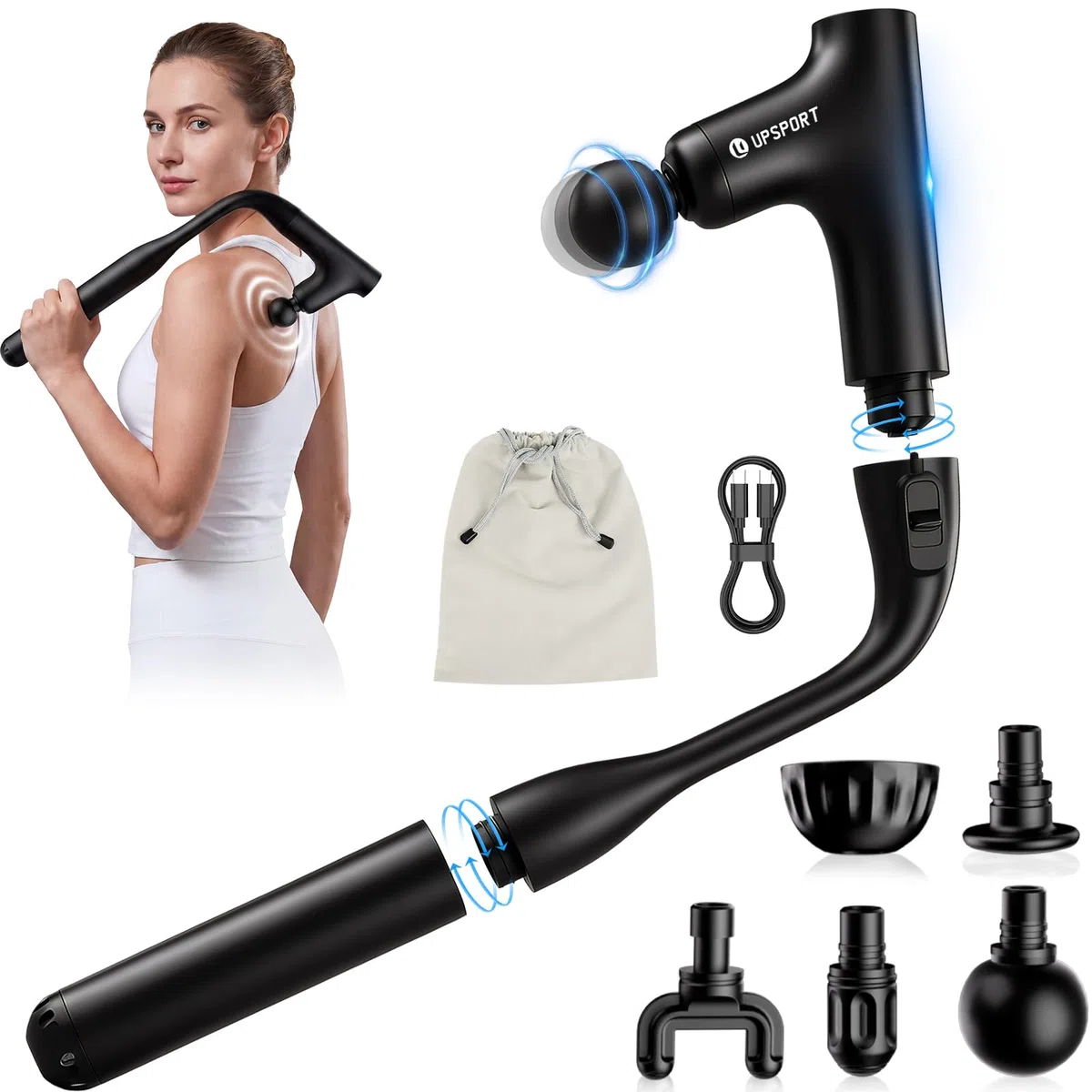 Pistolet de Massage Dos avec Poignée Extensible, 50cm Percussion Turbo Massage Tissus Profonds pour Auto-Massage, Force 7kg Masseur Portable Électrique pour Récupération Musculaire, 4 Têtes