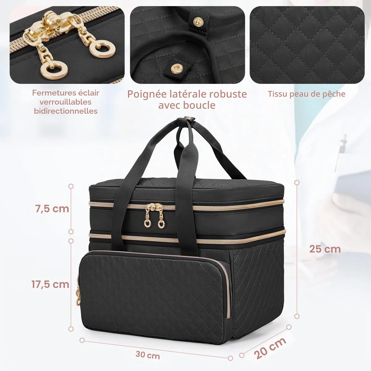 Yarwo Mallette Infirmière Libérale à Double Couche, Trousse de Secours avec Rangement pour Médicaments, Sac Médical Noir