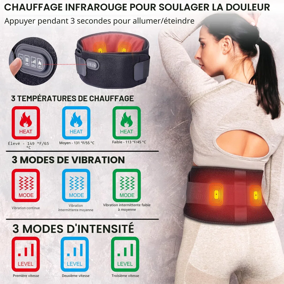 Ceinture Chauffante Lombaire Sans Fil, 3 Modes Massage Dos, 3 Niveaux Chauffage - Soulagement Douleurs Lombaires, Abdominales, Sciatique, Règles Douloureuses
