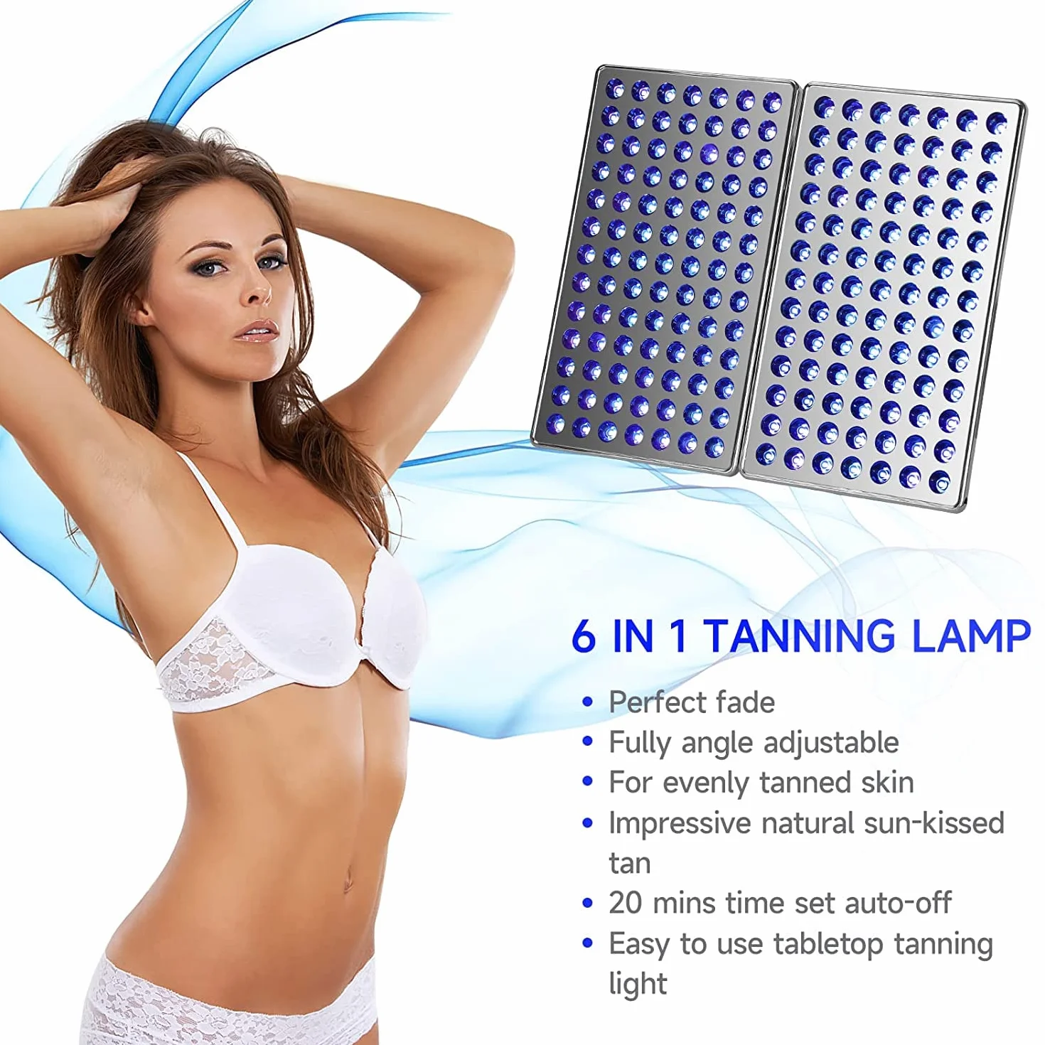 Lampe de Bronzage Visage Corps 24W 182 LEDs UV Appareil Solaire Maison Support Lunettes Protection Argenté