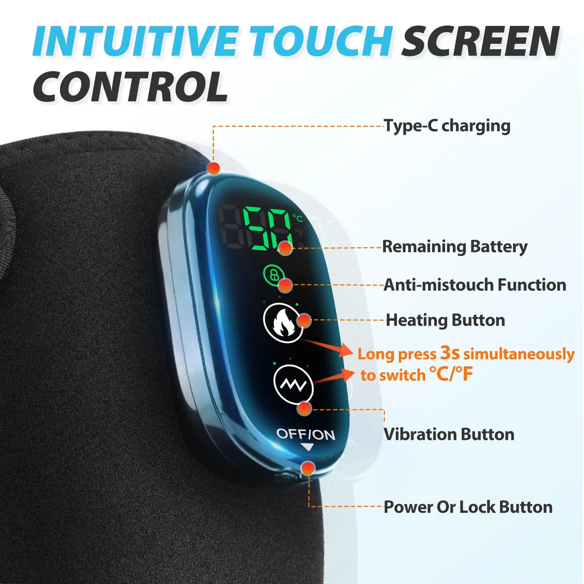 Genouillère Chauffante Sans Fil, Genou Chauffante avec Écran Tactile, Coussin Chauffant pour Épaule/Coude avec 5 Niveaux de Chauffage, 5 Modes de Vibration, 4 Moteurs Intégrés, Batterie 5000mAh