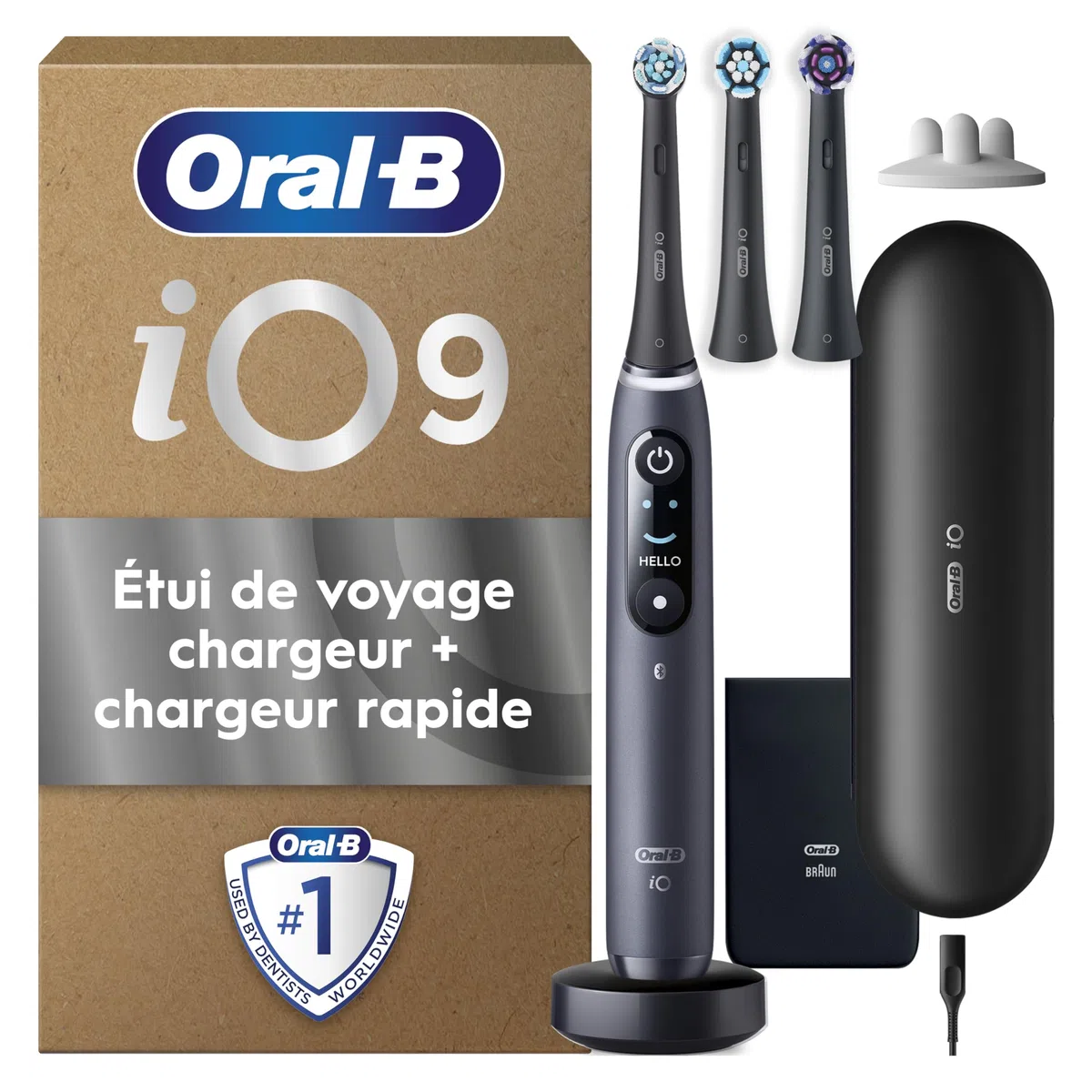Oral-B Brosse à Dents Electrique iO 9, 3 Brossettes de Rechange, Noire – 7 Modes de Brossage dont Blancheur, Soin Gencives, Charge Rapide de la Batterie, Capteur de Pression, Etui, Emballage en Carton