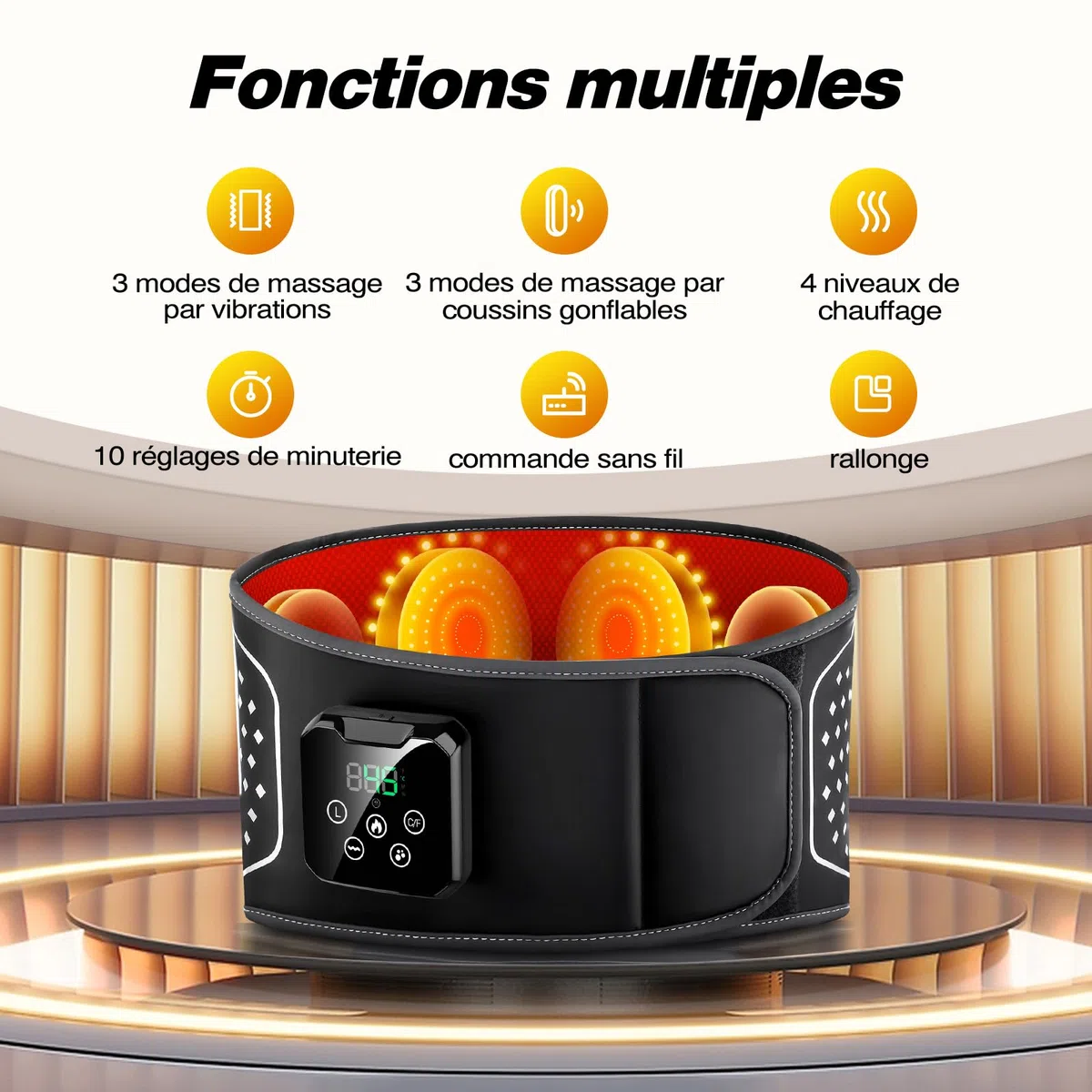 Ceinture Chauffante et Massante Lombaire Sans Fil – Coussin Chauffant 3 Modes Airbag 4 Niveaux Température Soulager Douleurs Lombaires Sciatique Stress