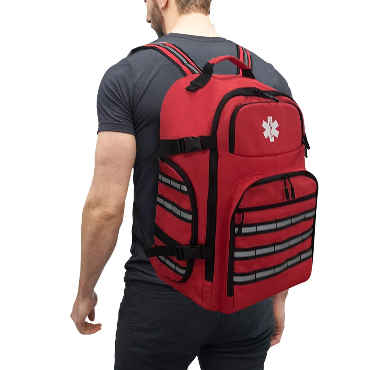 Sac à dos d'urgence médicale professionnel, Sac à dos de premiers secours trauma, vide, avec bandes réfléchissantes et base antidérapante, pour le camping, la randonnée (Rouge, Grand)