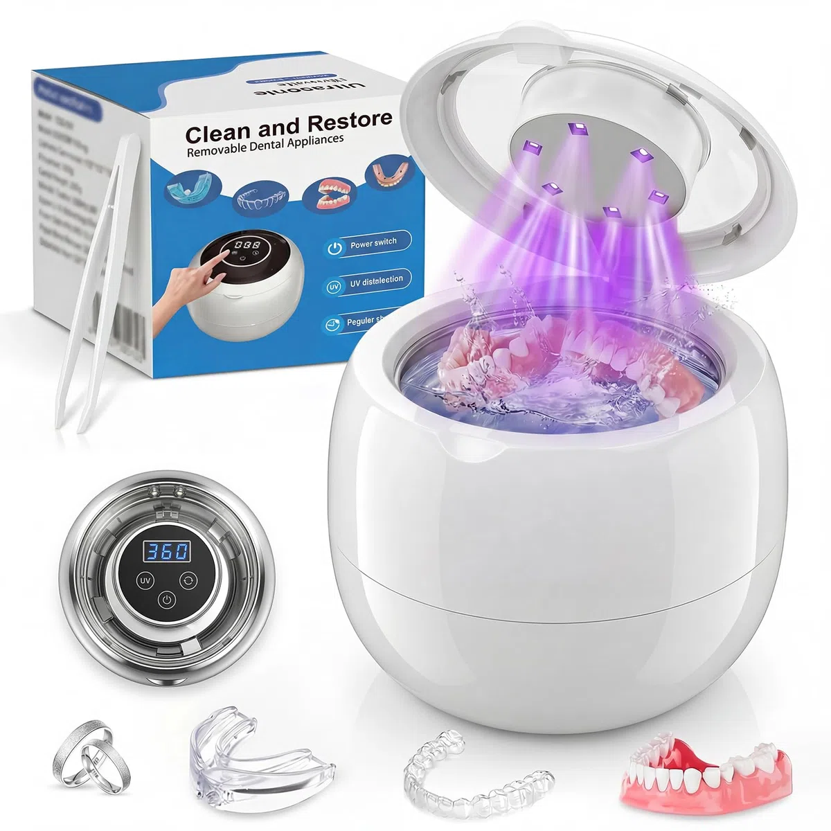 Nettoyeur Ultrasons, 45kHz Rechargeab Ultrasonic Cleaner avec Lampe UV LED, 4 Modes Programmables pour Prothèse Dentaire, Aligneur Adulte, Gouttière, Bijoux Argent, Montres Étanches, Têtes de Rasoir