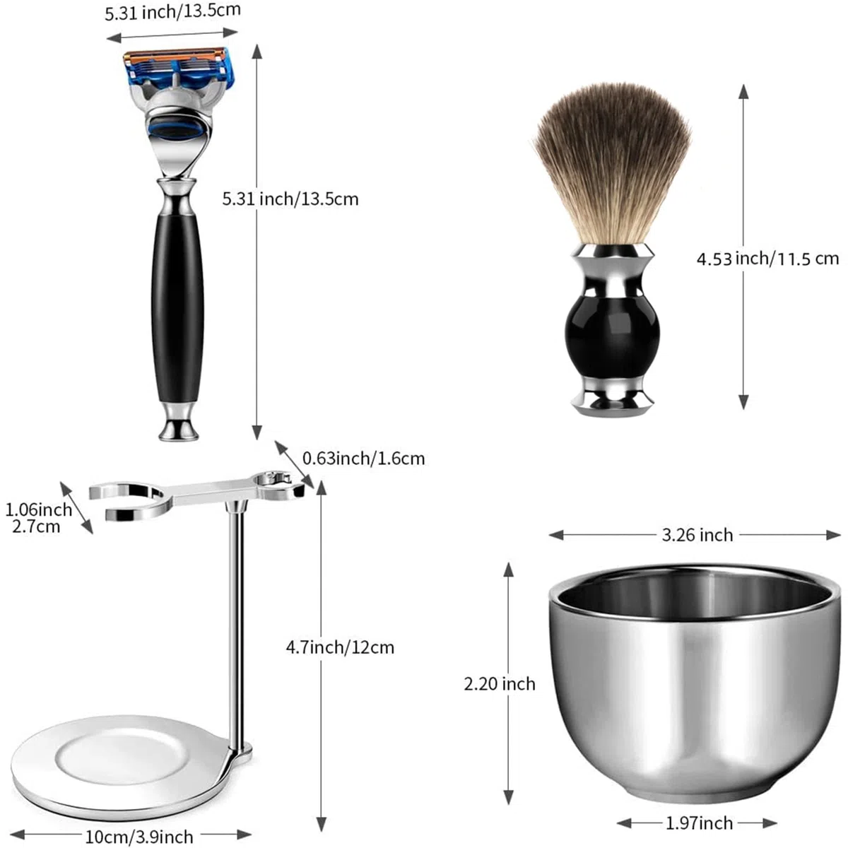 Ensemble de rasage GRUTTI, couteau de luxe pour rasoir et support de pinceau avec bol de savon Cadeaux pour les hommes Rasage brosse de blaireau et manche de rasoir compatible avec Fusion 5