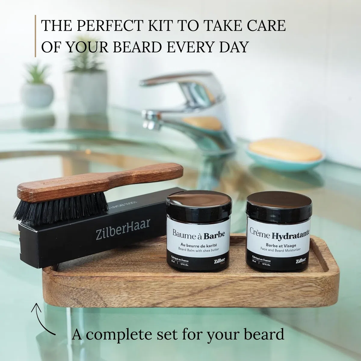 Kit de Soins pour Barbe Homme ZilberHaar Brosse à Barbe Regular Baume Crème Hydratante Poils de Sanglier Rigides