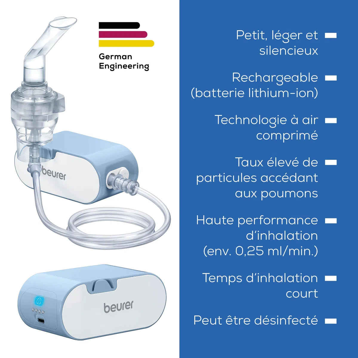 Beurer IH 60 Nébuliseur, inhalateur silencieux et portable, batterie rechargeable, technologie de l'air comprimé par compresseur pour une utilisation en cas de maladies respiratoires