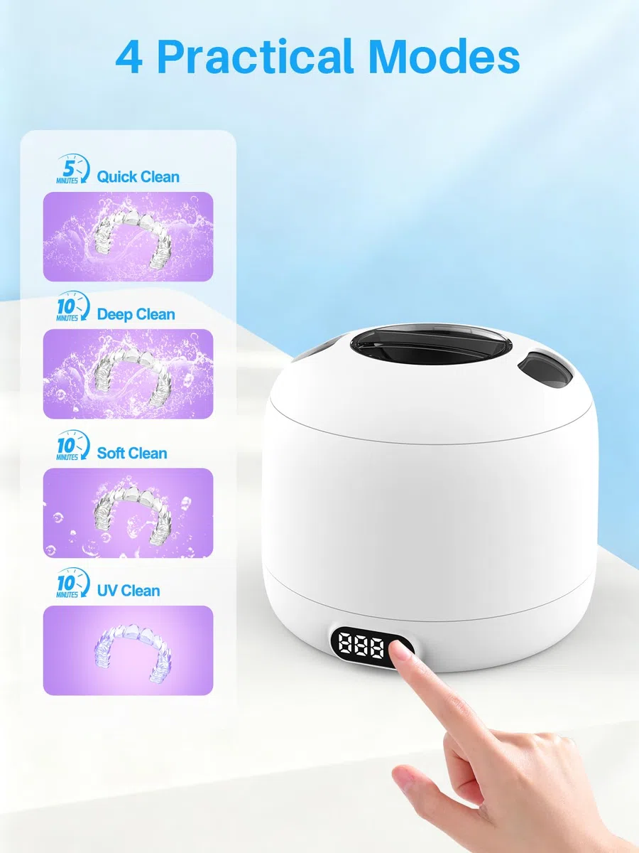 Voraiya Nettoyeur Ultrasons Dentaire IPX7 Etanche Ultrasonic Cleaner Base & Dental Pod Amovible Nettoyant Ultrason avec 2 UV Lampes pour Prothèses Dentaires, Gouttière Dentaire, Retainer, Bijoux