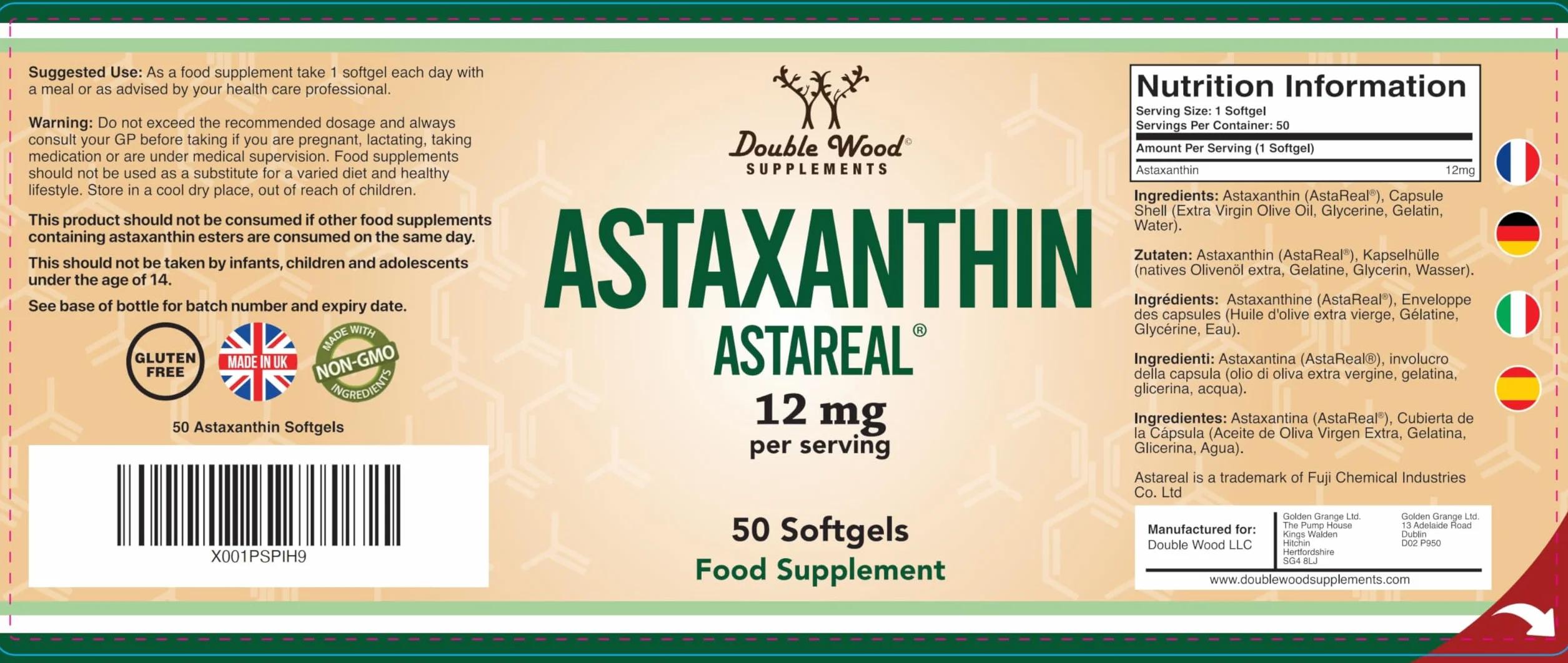 DW Astaxanthin | 50 Capsules Molles - 12 mg Astaxanthine par Portion | Complément Antioxydant Haute Teneur | Sans OGM Sans Gluten | Fabriqué au Royaume-Uni