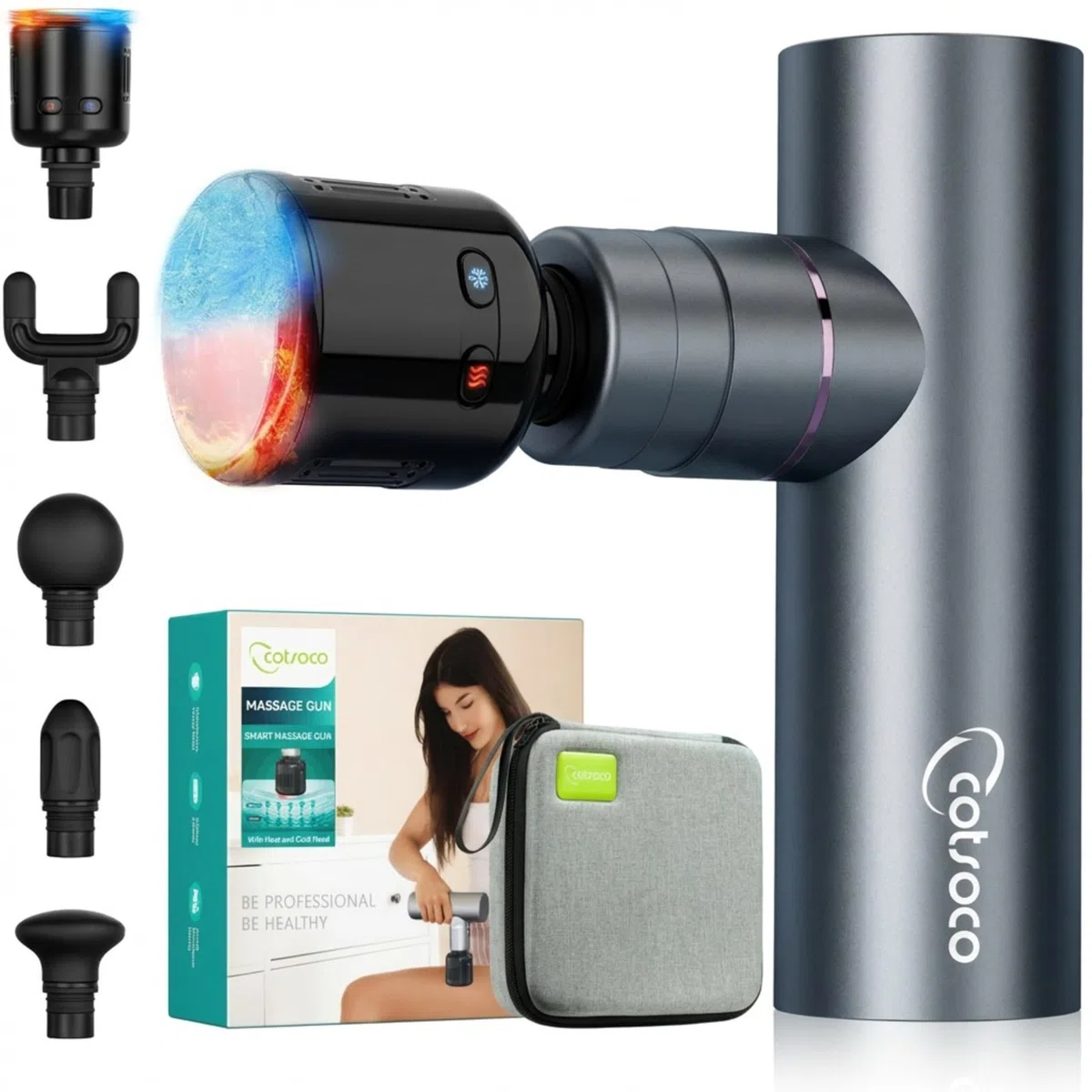 cotsoco Mini Pistolet de Massage Musculaire avec Thérapie Chaud & Froid, Massage à Percussion Profond, en Métal, 5 Têtes de Massage, avec Mallette de Transport, Puissant pour Douleurs et Récupération