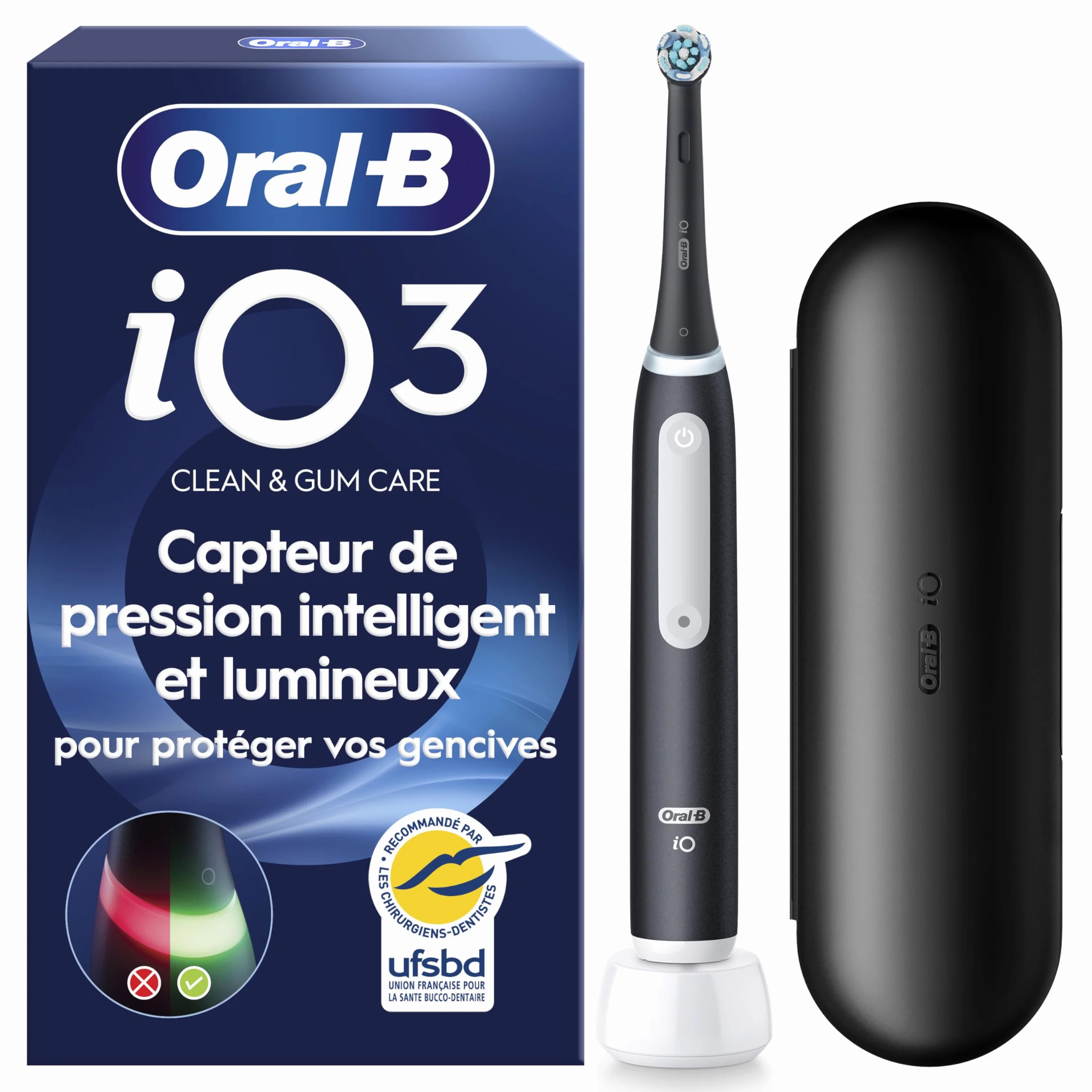Oral-B Brosse à Dents Électrique iO 3 Noire, 3 Modes Silencieux, Capteur de Pression, Batterie Rechargeable