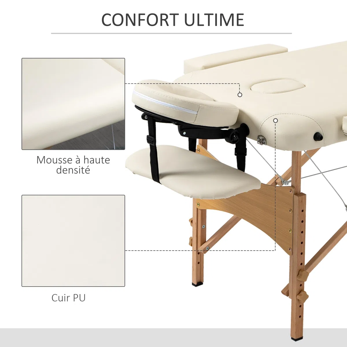 HOMCOM Lit/Table de Massage cosmetique Pliable en Bois 2 Zones crème