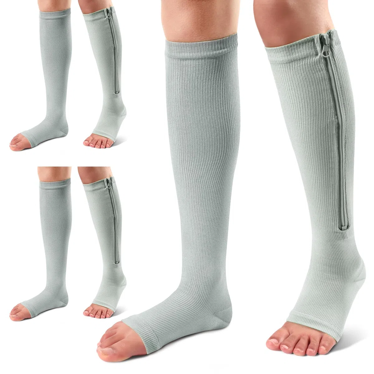 Ailaka Lot de 3 paires de chaussettes de compression avec fermeture éclair - 15-20 mmHg - Chaussettes médicales pour hommes et femmes - Chaussettes à orteils ouverts pour varices, œdèmes,
