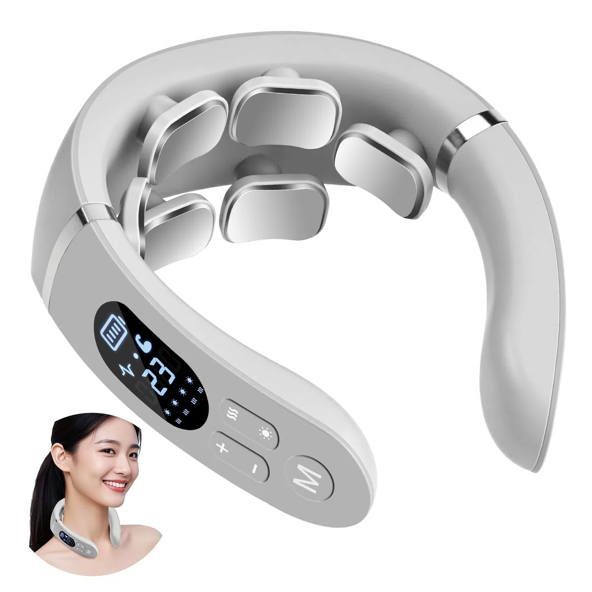 Masseur Cervical, Masseur électrique Portable à 6 têtes avec Thérapie Thermique à 42°C, 12 Modes 22 Niveaux, Fonction Vocale Intelligente, écran LCD, Convient à la Maison et au Bureau