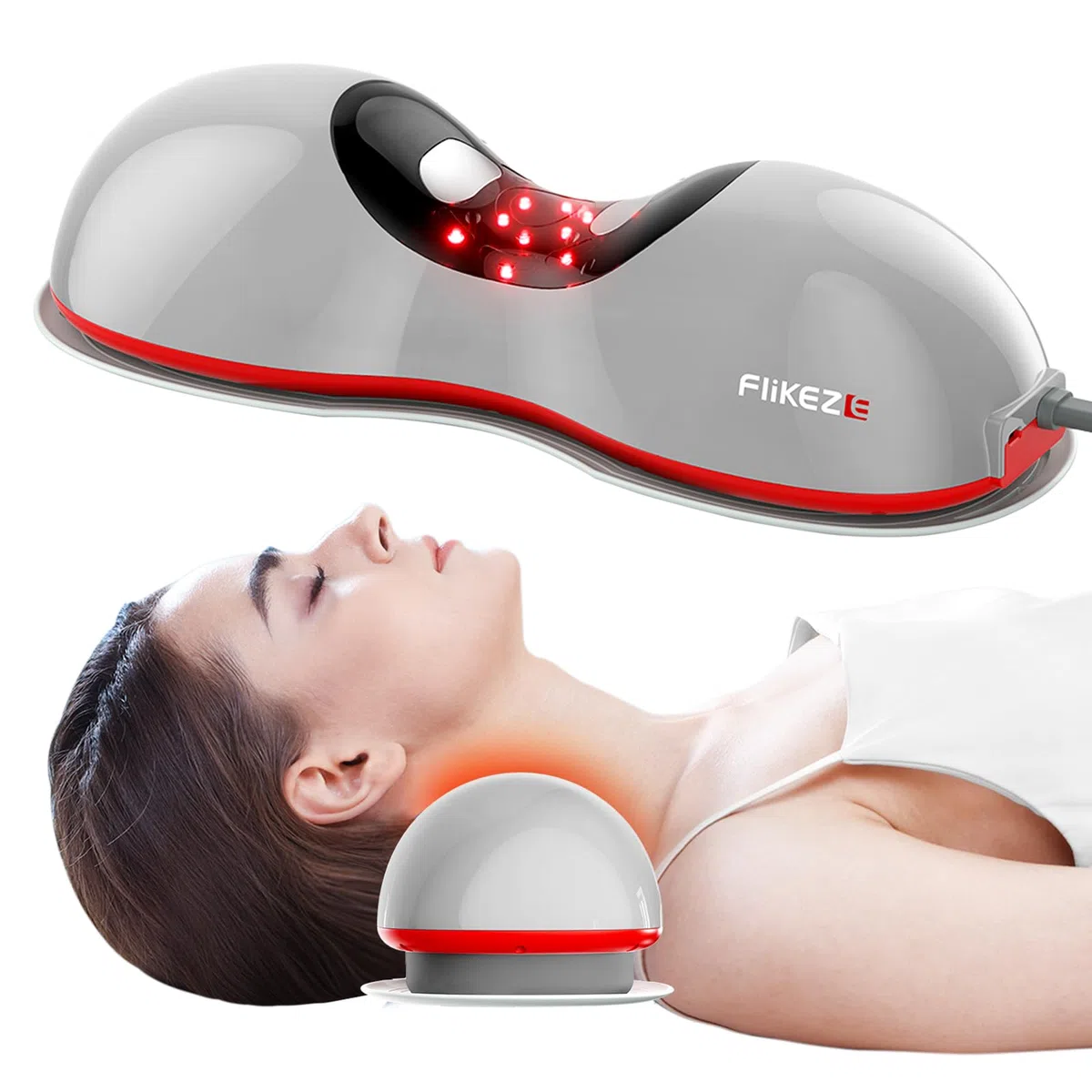 FliKEZE Étireur de cou chauffant avec thérapie par la lumière rouge, appareil de traction cervicale sans fil pour soulager la douleur TMJ et relaxer les épaules, coussin de massage de traction du cou