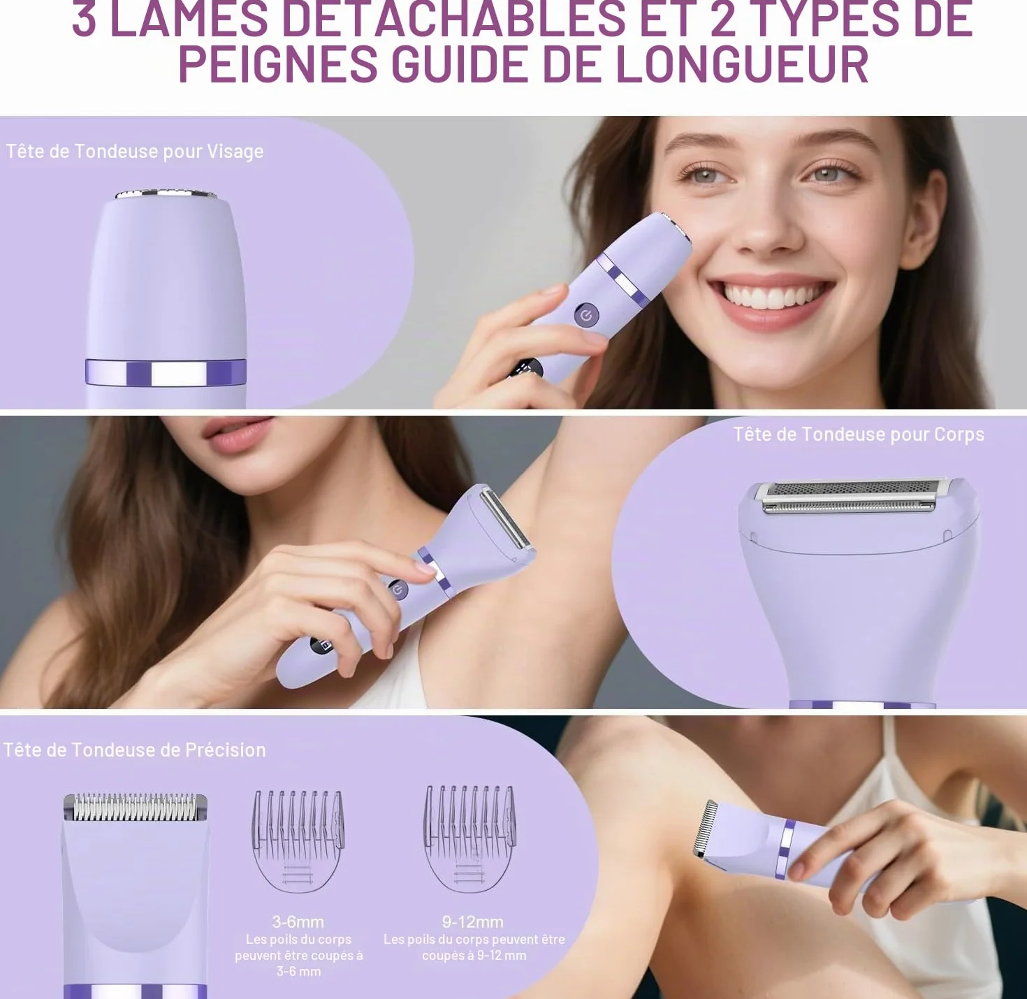 Rasoir Electrique Feminin Tondeuse précise visage zones sensibles, Sans fil, Étanche, Écran LCD, Violet, 3 en 1