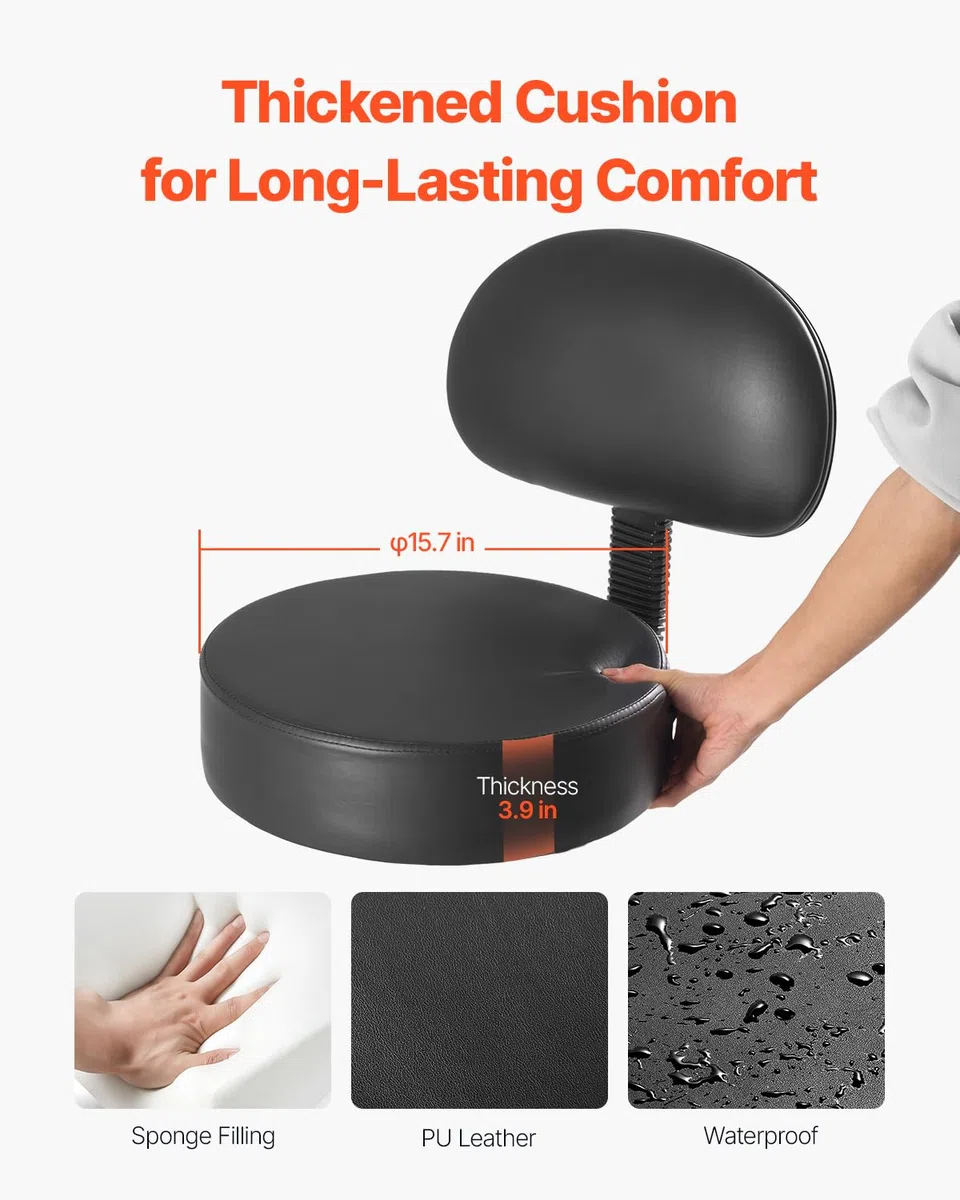 VEVOR Tabouret à roulettes avec Support Dorsal, capacité Poids 204 kg, Rond Tabouret Roulant, Hauteur réglable, Chaise pivotante en Cuir PU épais, pour Salon, Spa, Massage, Tatouage, Clinique, Noir