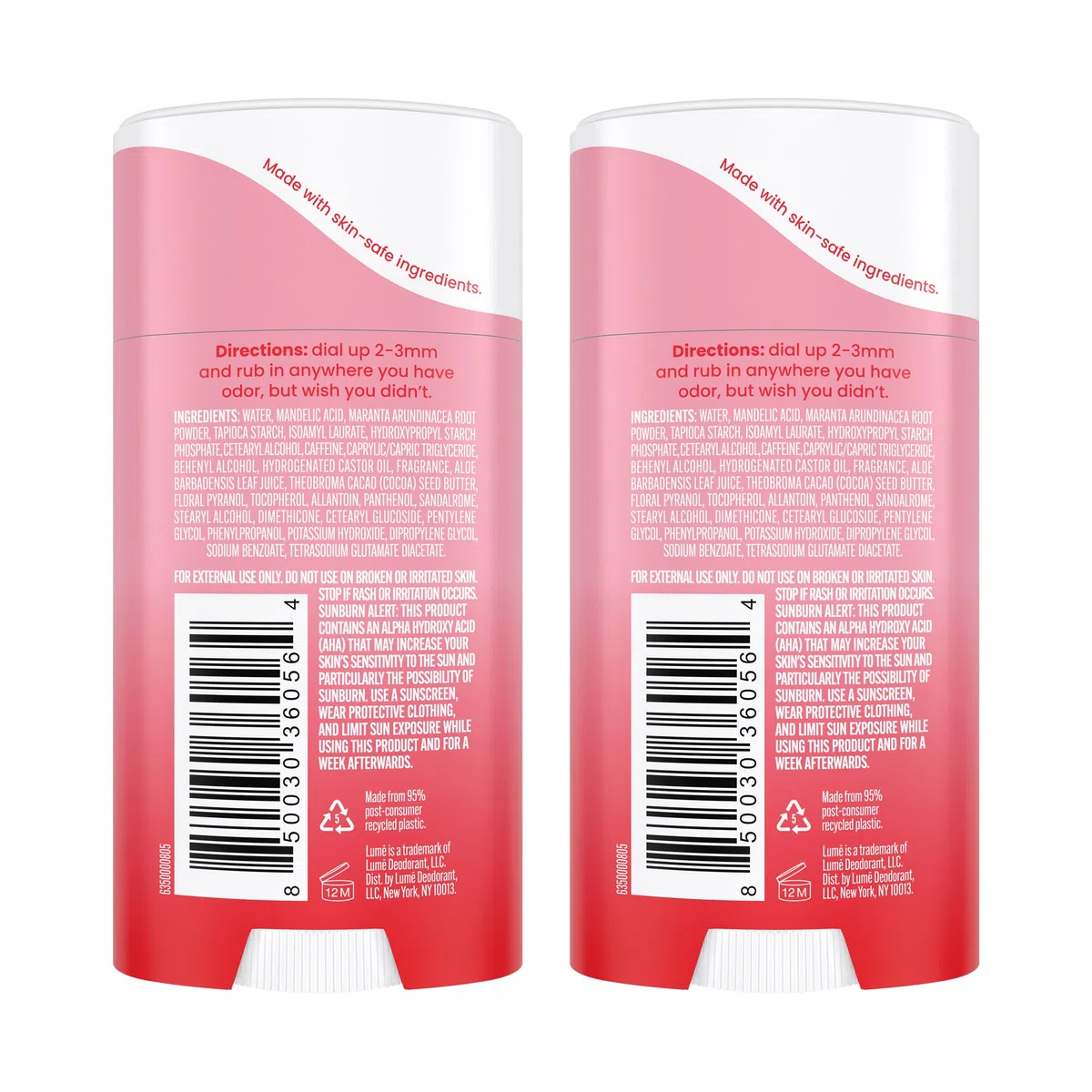 Lume Lot de 2 bâtons déodorants - Aisselles et parties intimes - Sans aluminium, sans soude pour la cuisine, hypoallergénique et sans danger pour les peaux sensibles - 62,4 g (pivoine)