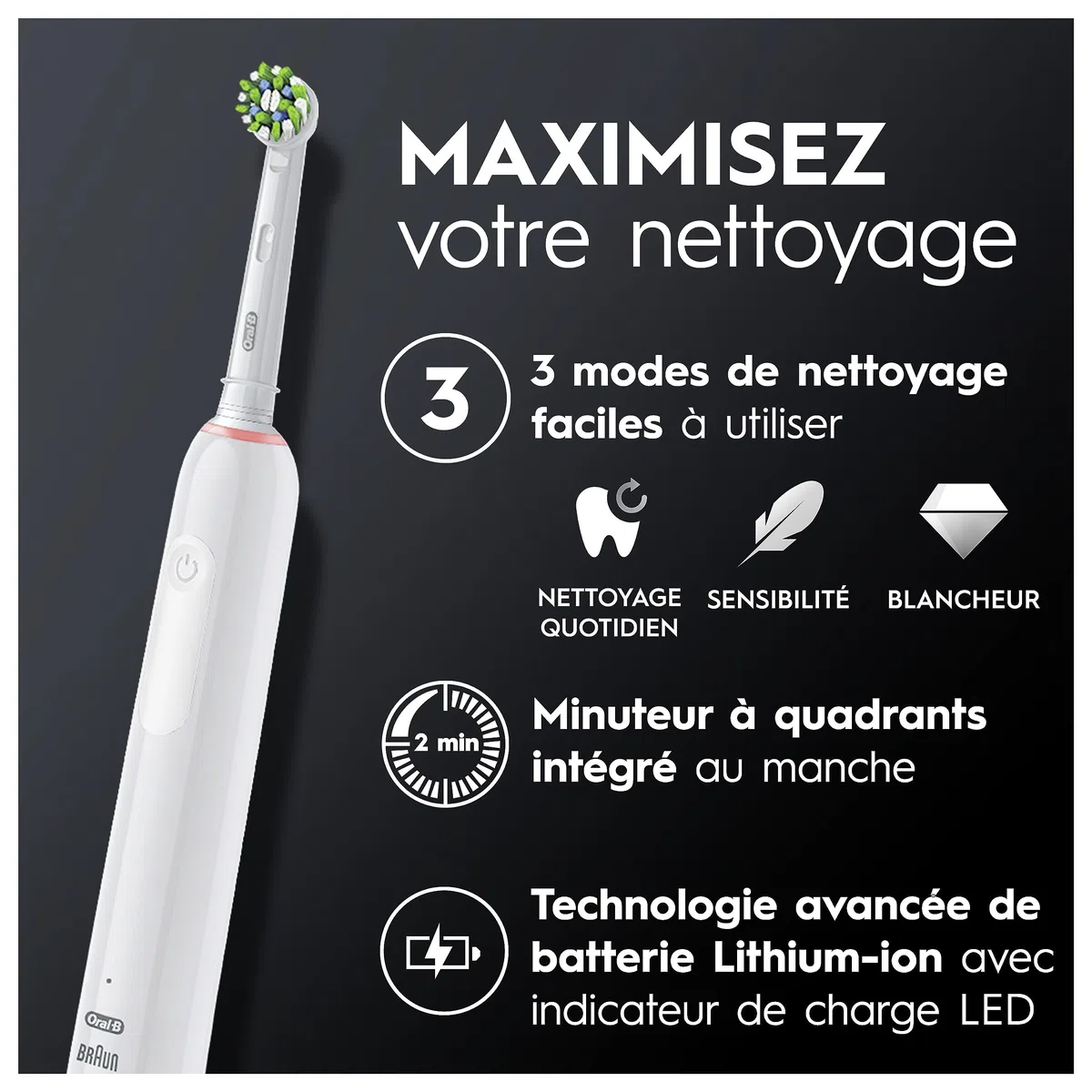 Oral-B Pro 3 3500 Brosse À Dents Électrique, Avec Capteur De Pression Pour Protéger Les Gencives, 3 Modes De Nettoyage, 1 Manche Blanc, 1 Étui De Voyage, 1 Brossette Ronde De Rechange
