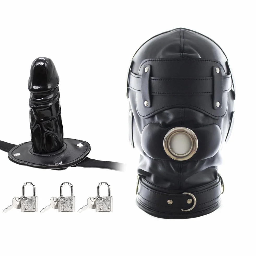 Roluck Masque de bondage avec gode bouche bâillon 3 serrure masque de tête SM réglable pour couple fétiche jouet sexuel (L)