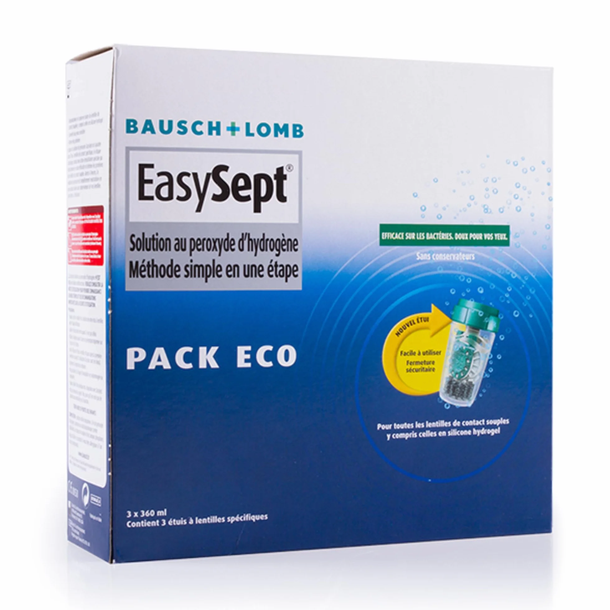 EasySept Produit Lentilles de Contact Souple au Peroxyde d’Hydrogène, Système Tout En Un pour Désinfection, 3x 360ml