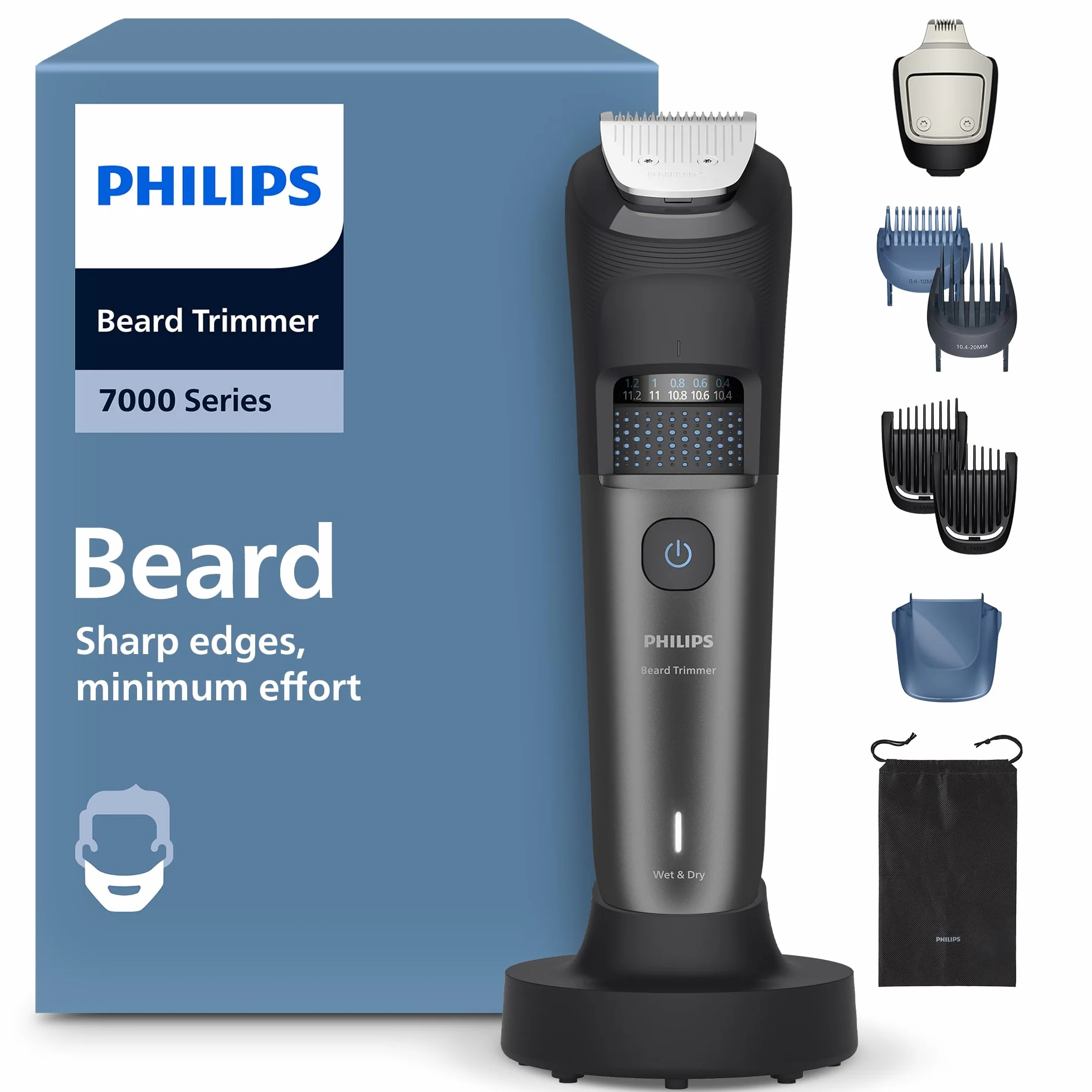 Philips Tondeuse à barbe série 7000 – Lames en métal auto-affûtées, 40 réglages réglables, technologie BeardSense, Collecte des poils, 100% étanche, Socle de recharge, Pochette souple, BT7660/15
