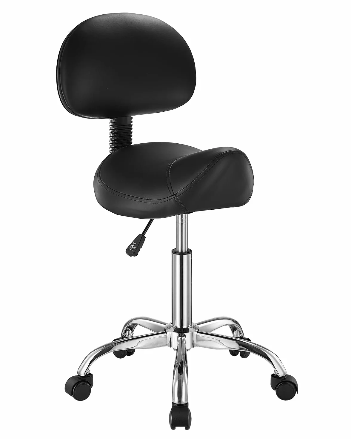 VEVOR Tabouret de Selle avec Support Dorsal et roulettes, capacité Poids 204 kg, Tabouret Roulant Ergonomique, Hauteur réglable, Chaise de Selle pivotante en Cuir PU, pour Salon, Spa, Massage, Noir