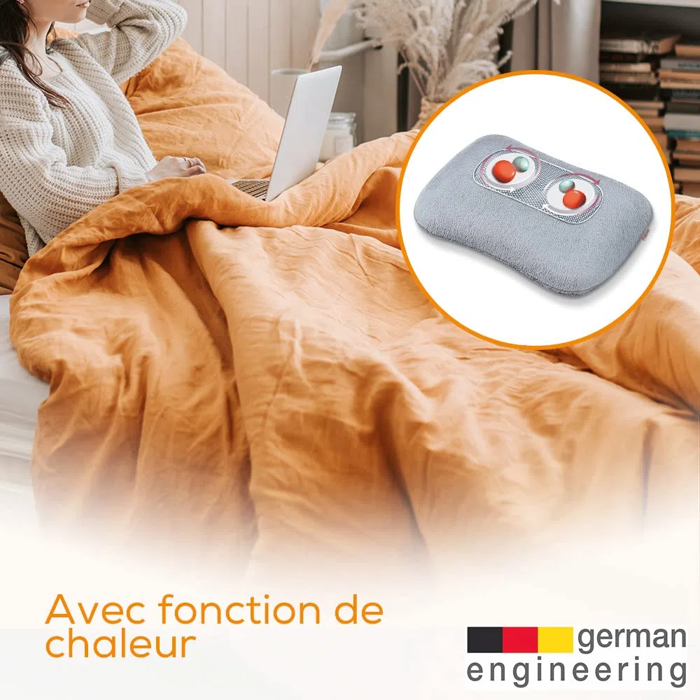 Beurer MG 145 Coussin de massage shiatsu, masseur dos nuque, fonction chauffante, housse lavable, 4 têtes, gris