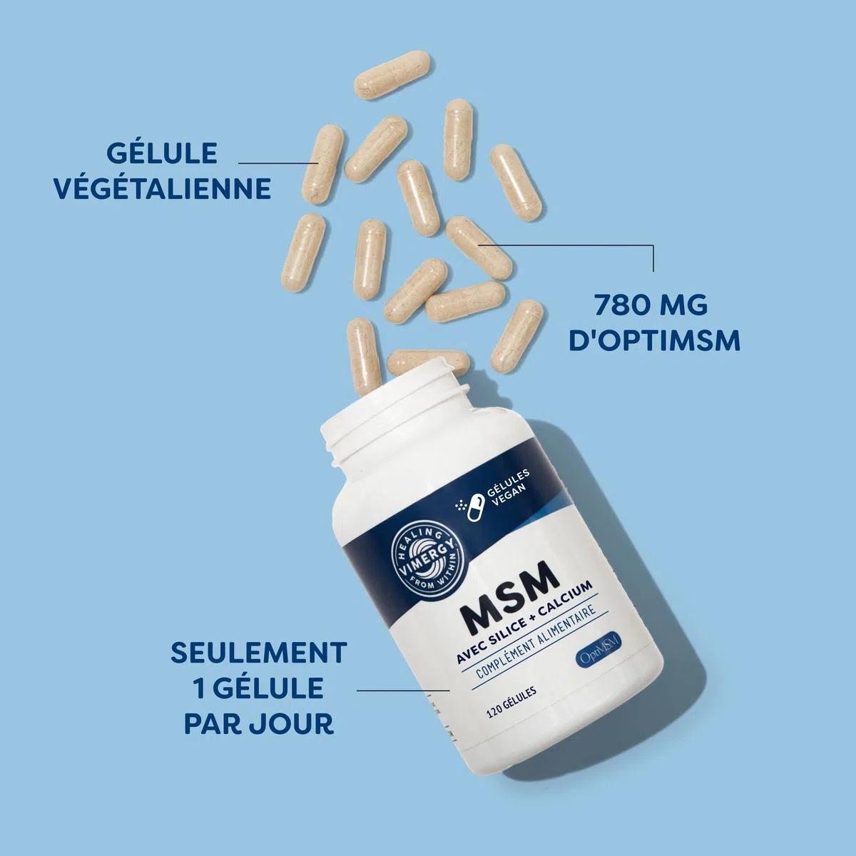 Vimergy MSM Gélules de 500MG, – MSM avec Calcium et Silice – Capsule Végétalienne sans Agent Gélifiant – Sans OGM, Gluten ni Gélatine - Casher (120 unités)