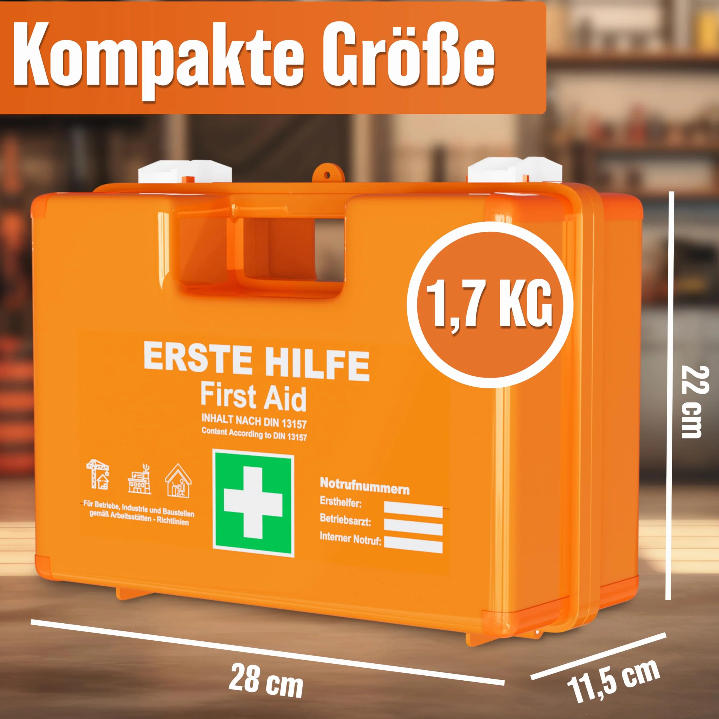HELDENWERK Trousse de premiers secours selon la nouvelle norme DIN 13157:2021 avec support mural et autocollants | Mallette de premiers secours universelle pour entreprise, maison ou restauration