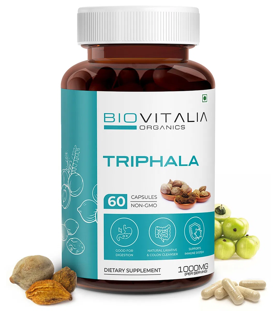 Complément alimentaire Triphala 1000 mg | Favorise la digestion | Soutient le système immunitaire | 60 capsules végétaliennes | Paquet de 1