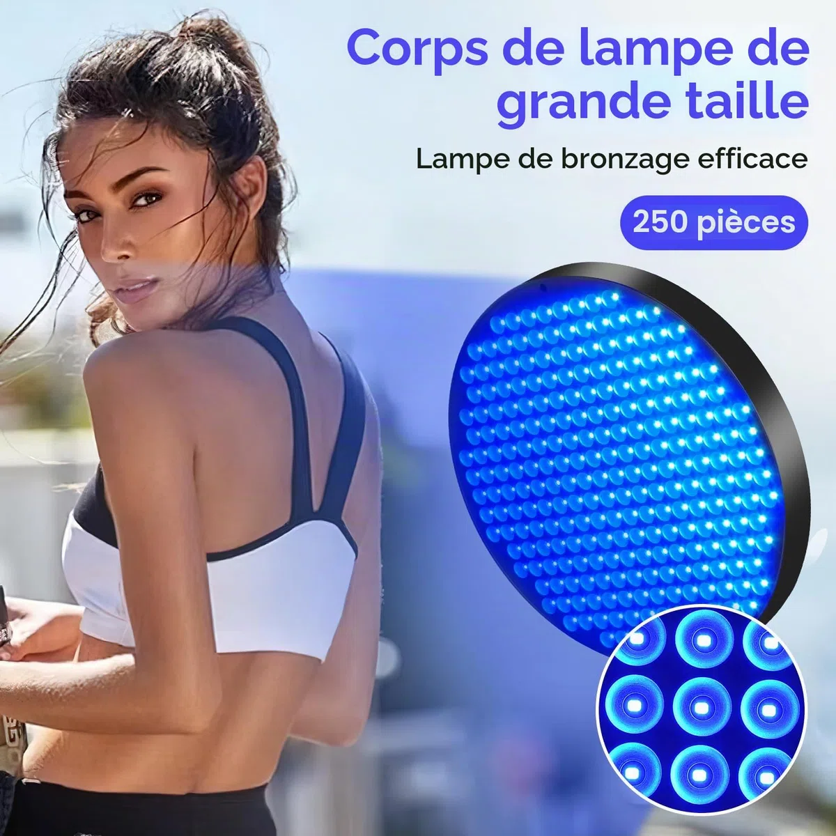 Lampe de Bronzage 50W Solarium Facial 250 LEDs UV Visage Corps avec Minuterie Noir