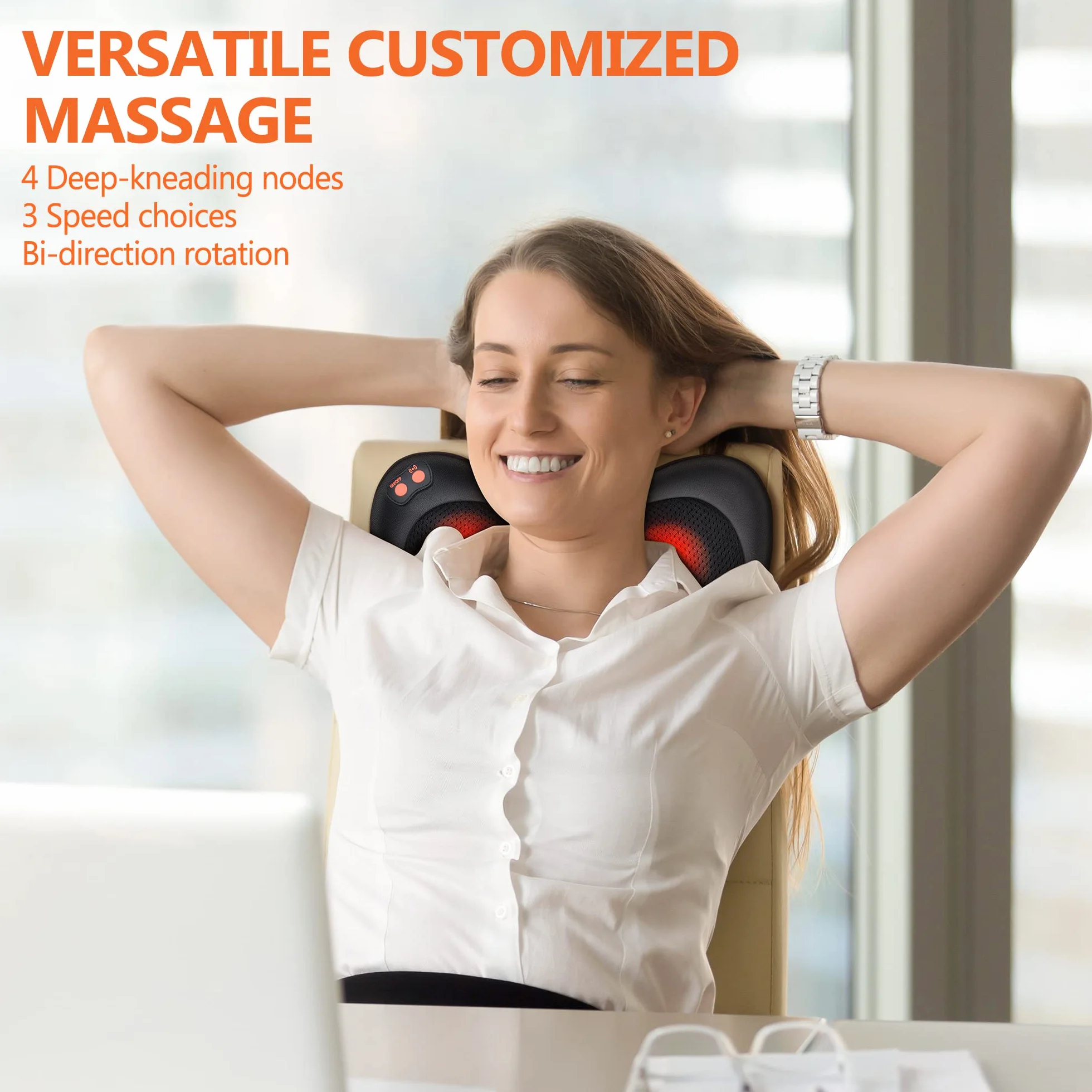Coussin Massage Shiatsu chauffrant avec 4 Nœuds et 3 Vitesses, Appareil de Massage pour Cou, Pieds, Cervical