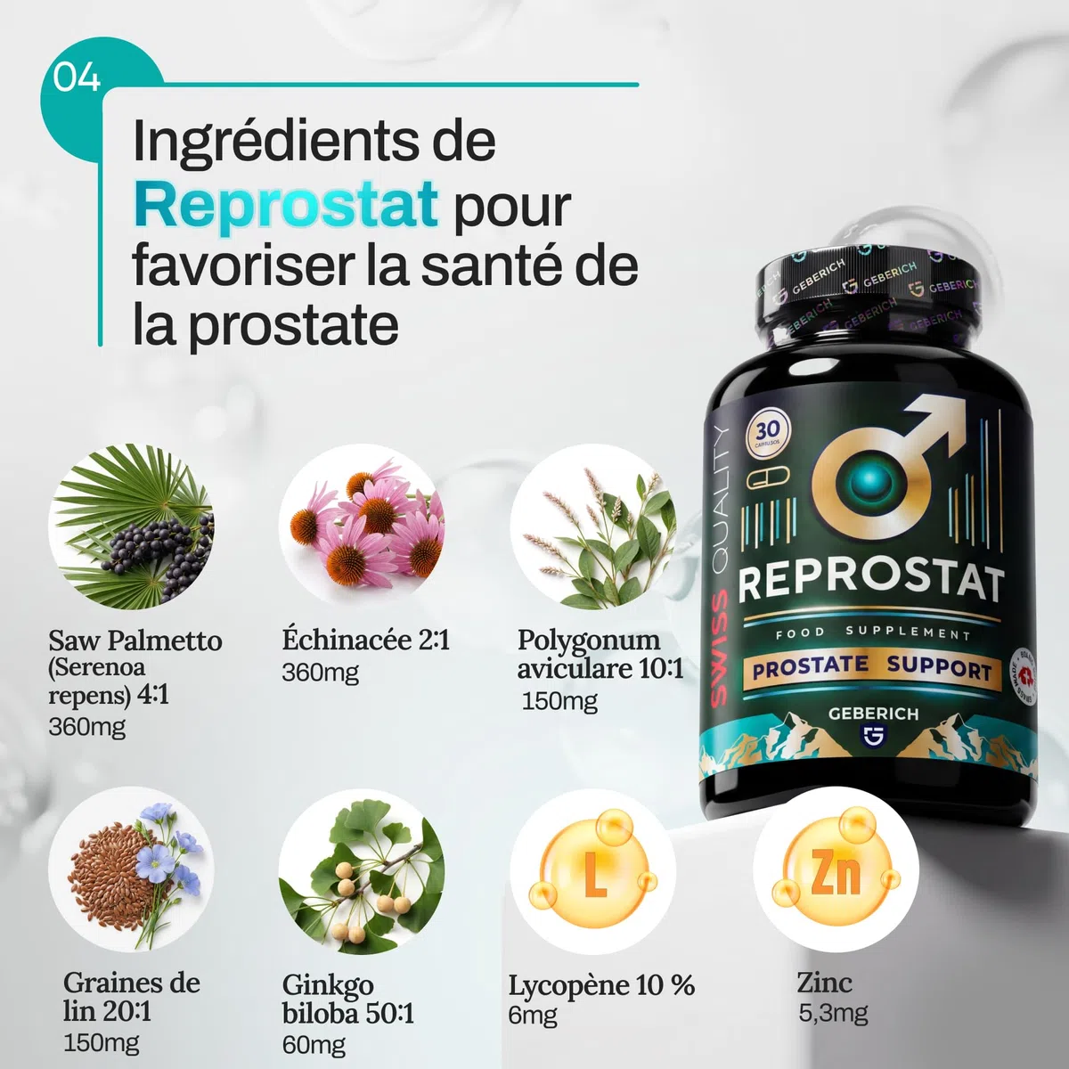 Gélules REPROSTAT | Soutien de la prostate | Serenoa repens 360 mg + Echinacea angustifolia 360 mg | Confort urinaire | avec Graines de Lin, Ginkgo biloba, lycopène et zinc | 30 Gélules