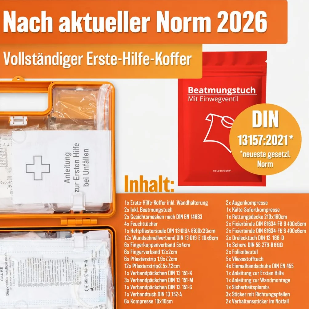HELDENWERK Trousse de premiers secours selon la nouvelle norme DIN 13157:2021 avec support mural et autocollants | Mallette de premiers secours universelle pour entreprise, maison ou restauration