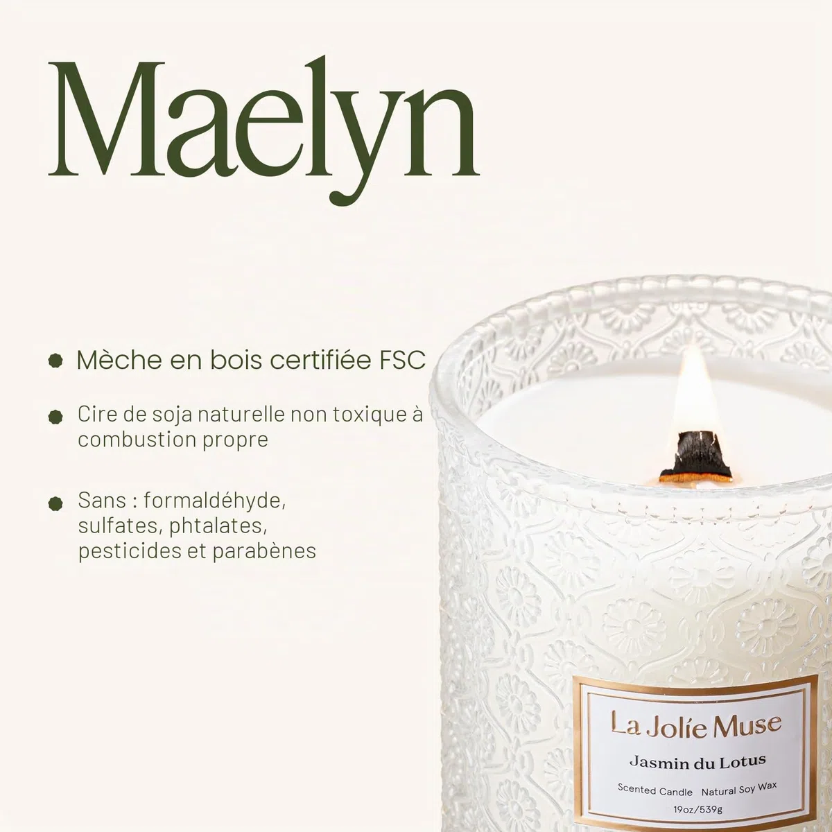 La Jolíe Muse Bougie parfumée au jasmin, bougie pour la fête des mères, bougie parfumée avec mèche en bois pour femmes et hommes, grande bougie en verre pour la maison, durée de combustion de 90