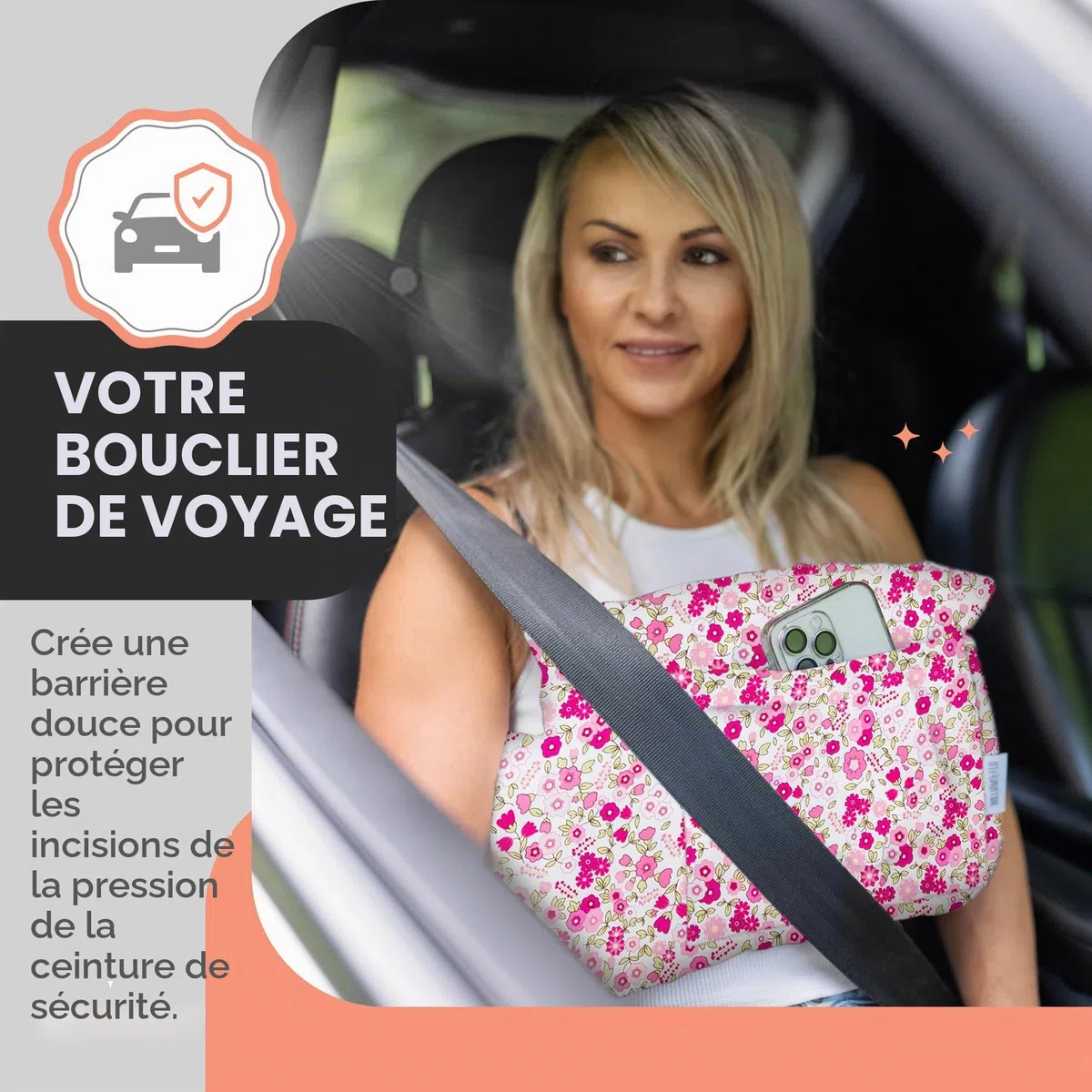 Oreiller post-mastectomie après opération du cancer du sein, césarienne ou réduction mammaire, accessoire post-chirurgical abdominoplastie, oreiller ceinture de sécurité, cadeau pour femme, fleur rose