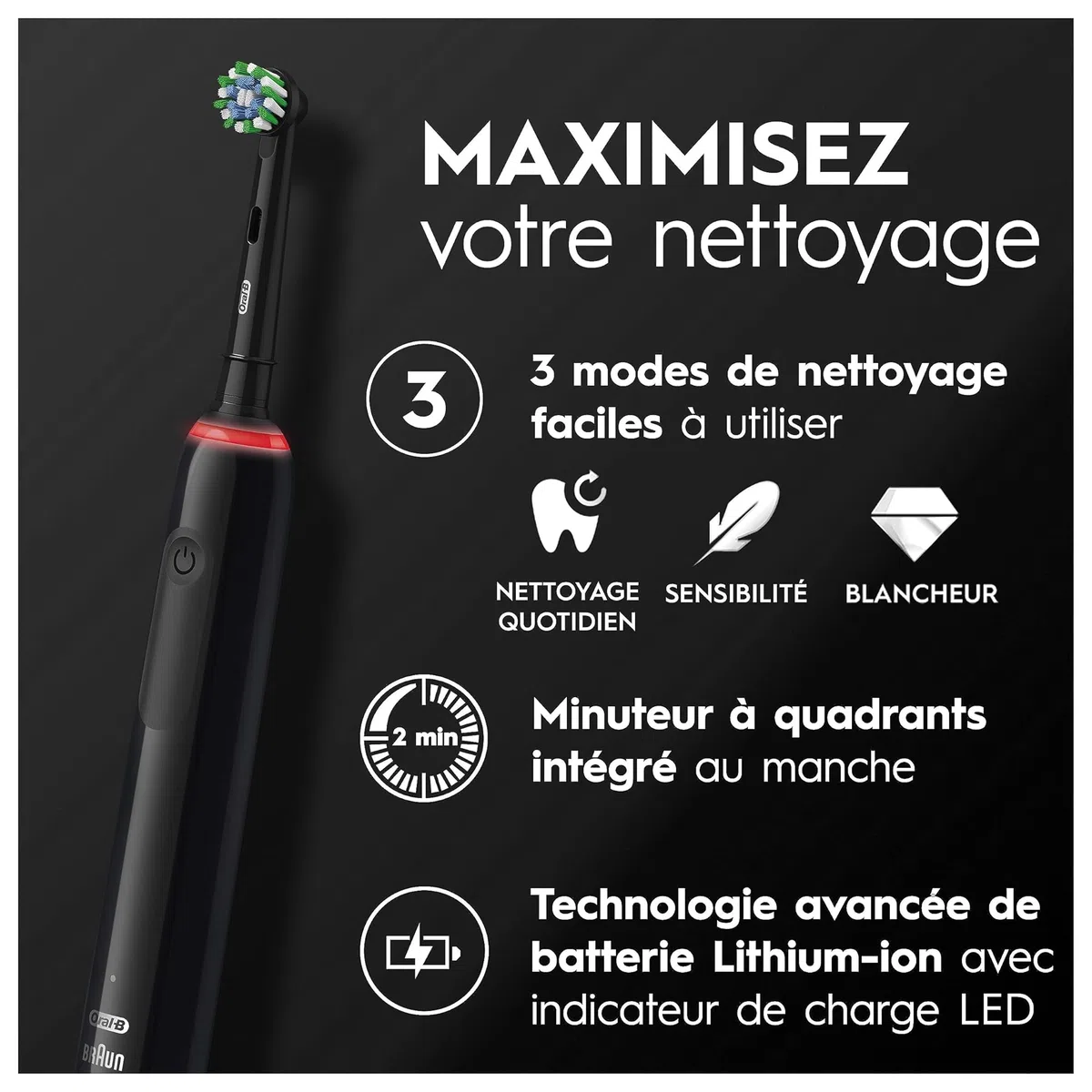 Oral-B Pro 3500 Brosse À Dents Électrique Noire, Avec Un Capteur De Pression Pour Protéger Les Gencives Sensibles, Avec Des Accessoires, 1 Brossette Ronde, 1 Étui De Voyage, Conçue par Braun