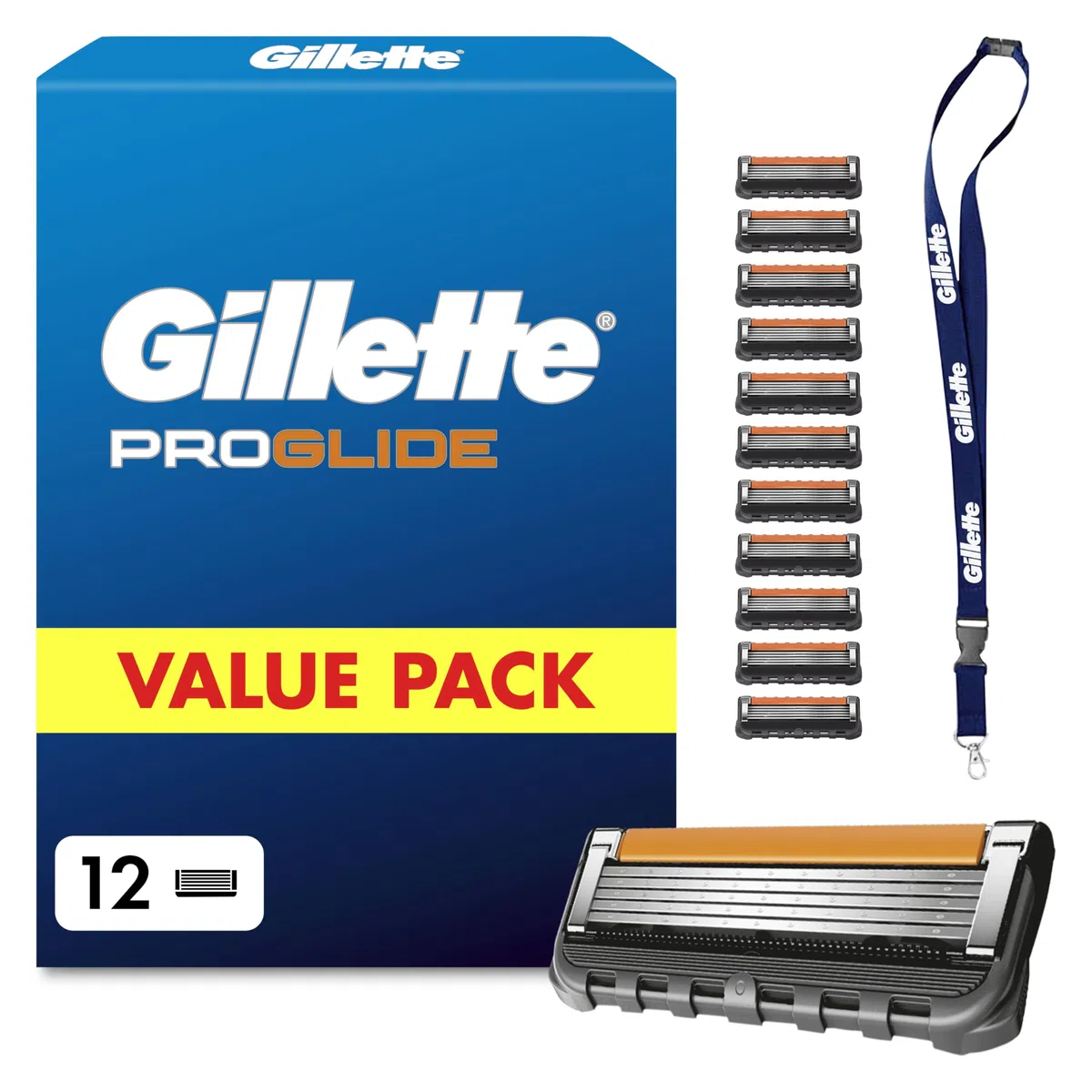 Gillette Lames de Rasoir Homme Proglide, Pack de 12 et Tour de Cou – Cartouche Dotée de la Bande Lubrifiante x2, Ultra Affutées et Longue Durée, en Acier Inoxydable, 1 Recharge Jusqu’à 30 Rasages