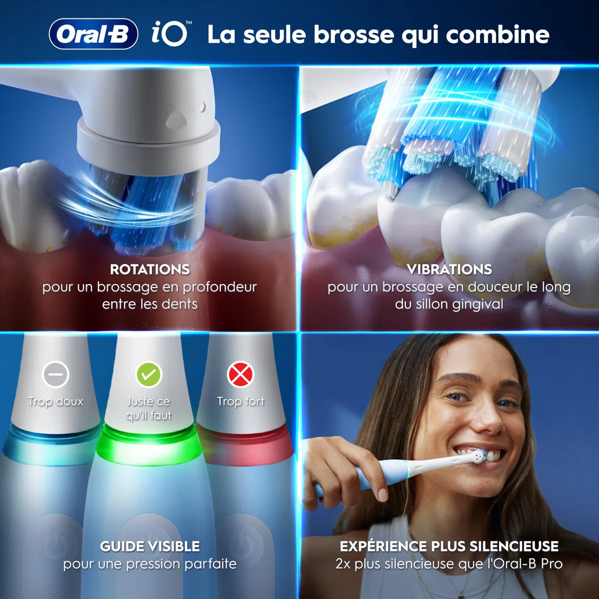 Oral-B Brosse à Dents Électrique iO 3 Bleue – 3 Brossettes, 3 Modes Douceur Blancheur, Capteur de Pression, Batterie Rechargeable