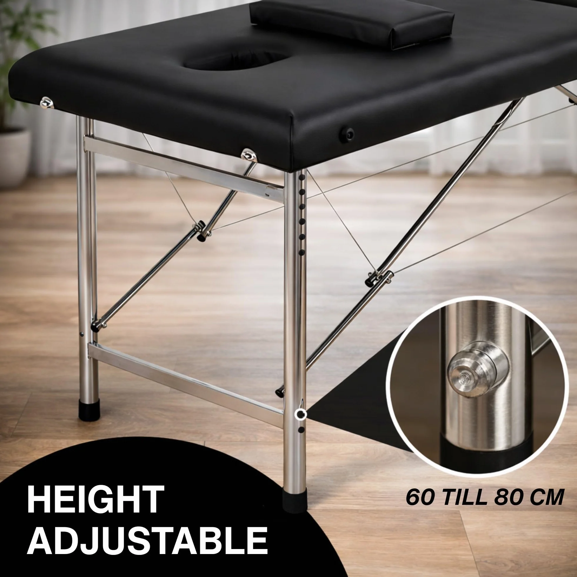 Table de Massage Pliante Professionnelle Maya 2 Zones - Lit Esthétique Léger en Aluminium | Table Pliante Hauteur Réglable 60-80cm | Revêtement Cuir Synthétique avec Poignée, Noir