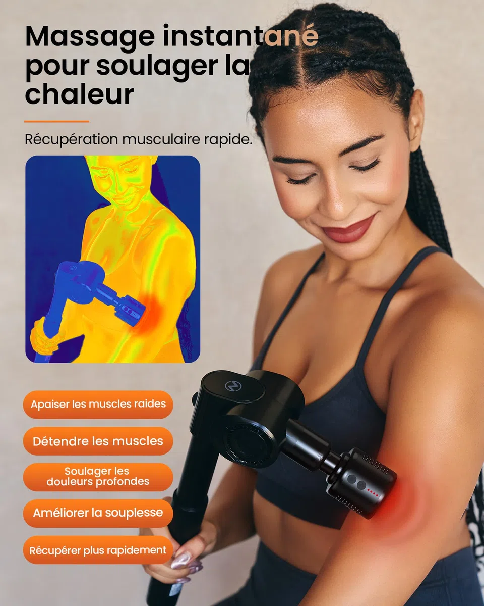 Pistolet de Massage Musculaire,Napre Pistolet de Massage avec Tête Chaude et Froide,Appareil de Massage Masseur de Muscle Profonds,32 Vitesses Dos Massage Gun,Pliable et 5 Angles,Poignée Extensible