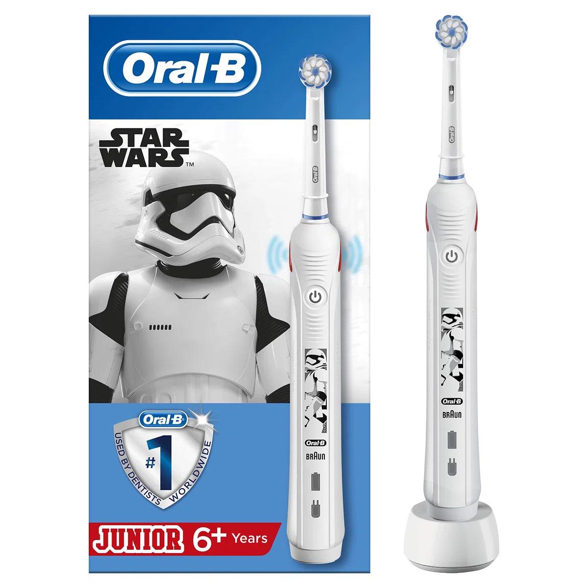 Oral-B Junior, Brosse À Dents Électrique Rechargeable, Souple pour Voyage, Manche Et Brossette, Enfant à Partir De 6 Ans, Brossage En Douceur, Édition Star Wars, Blanc