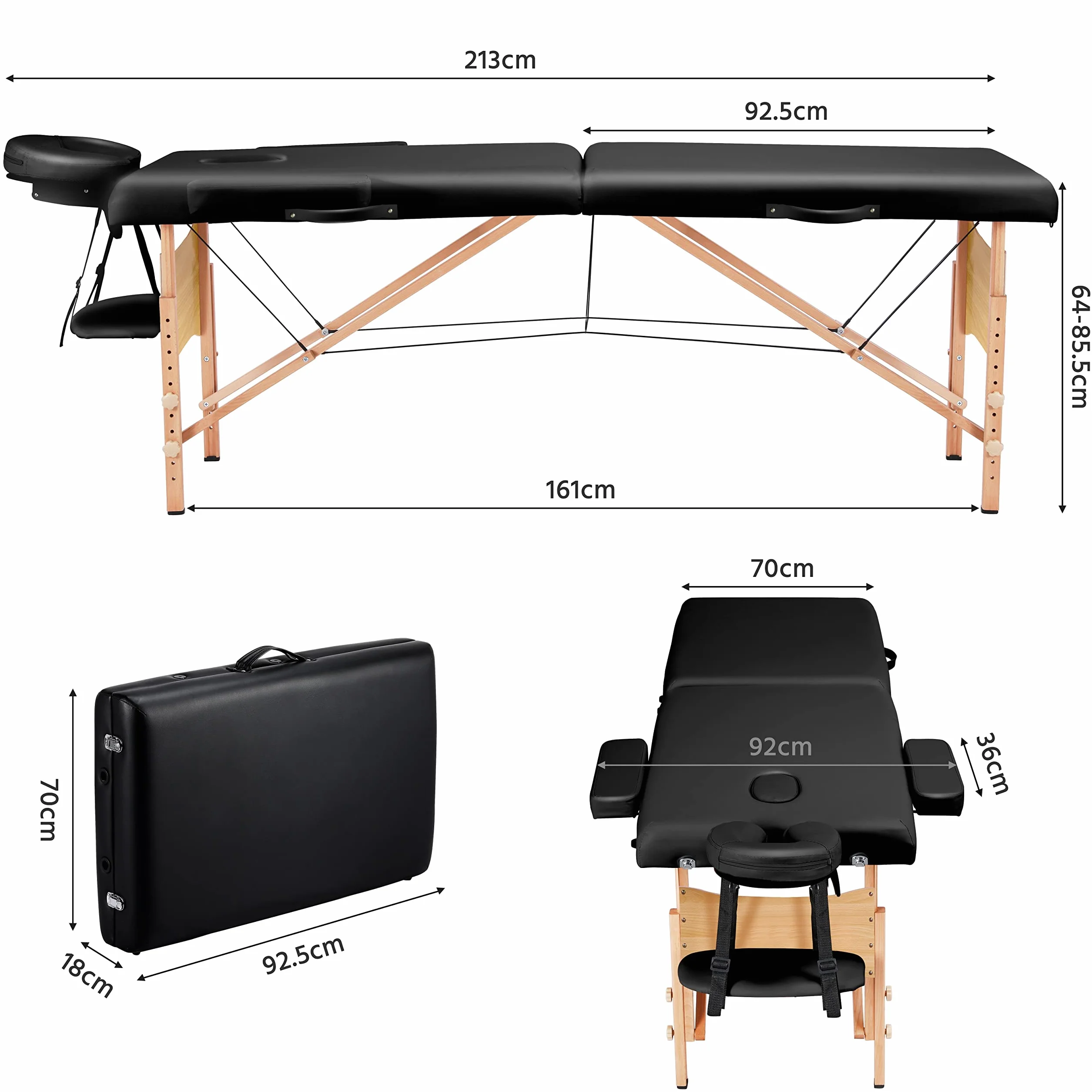 Yaheetech Table de Massage Pliante 70 cm Lit de Massage Professionnel en 2 Sections en Bois Massif Table Canapé Cosmetique Thérapie Noir