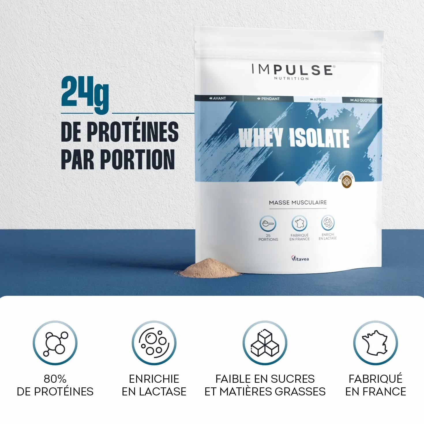 Impulse Nutrition Whey Isolate Chocolat 24g Protéines 750g Fabriqué en France